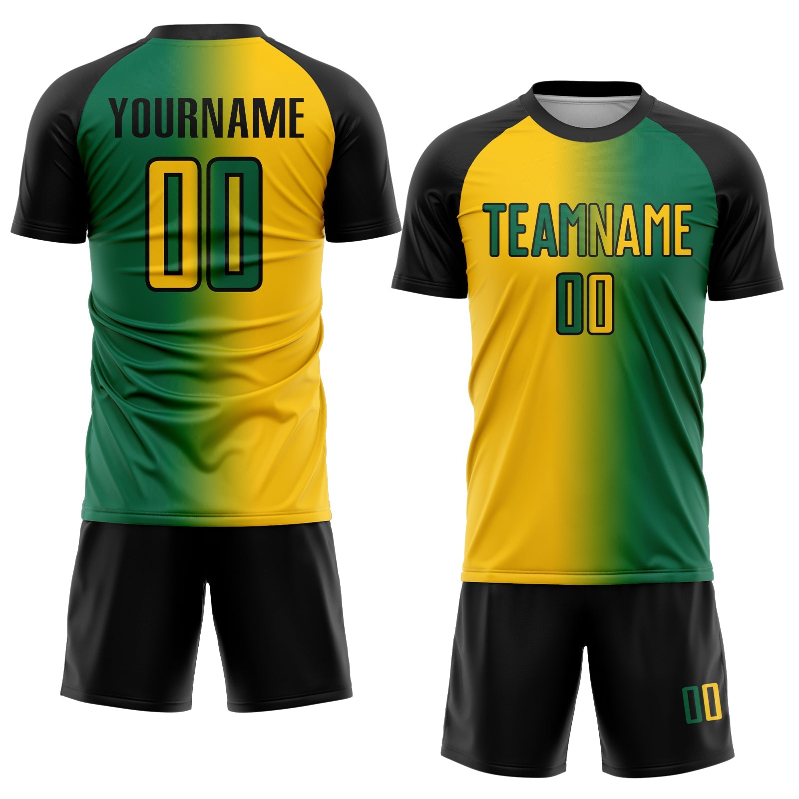 Custom Kelly Green Yellow-Black Sublimation Gradient Fashion Soccer Uniform Jersey view 2