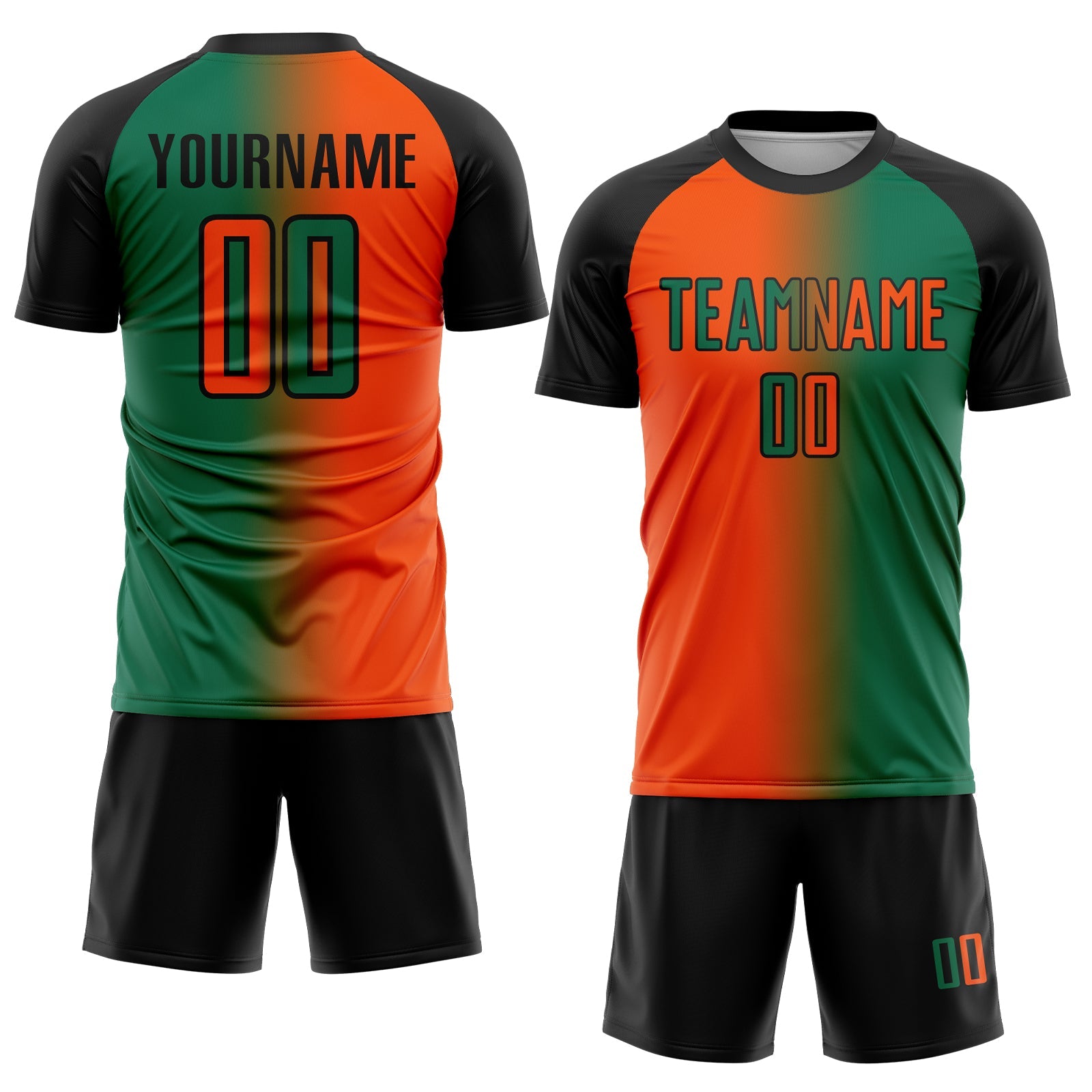 Custom Kelly Green Orange-Black Sublimation Gradient Fashion Soccer Uniform Jersey view 2