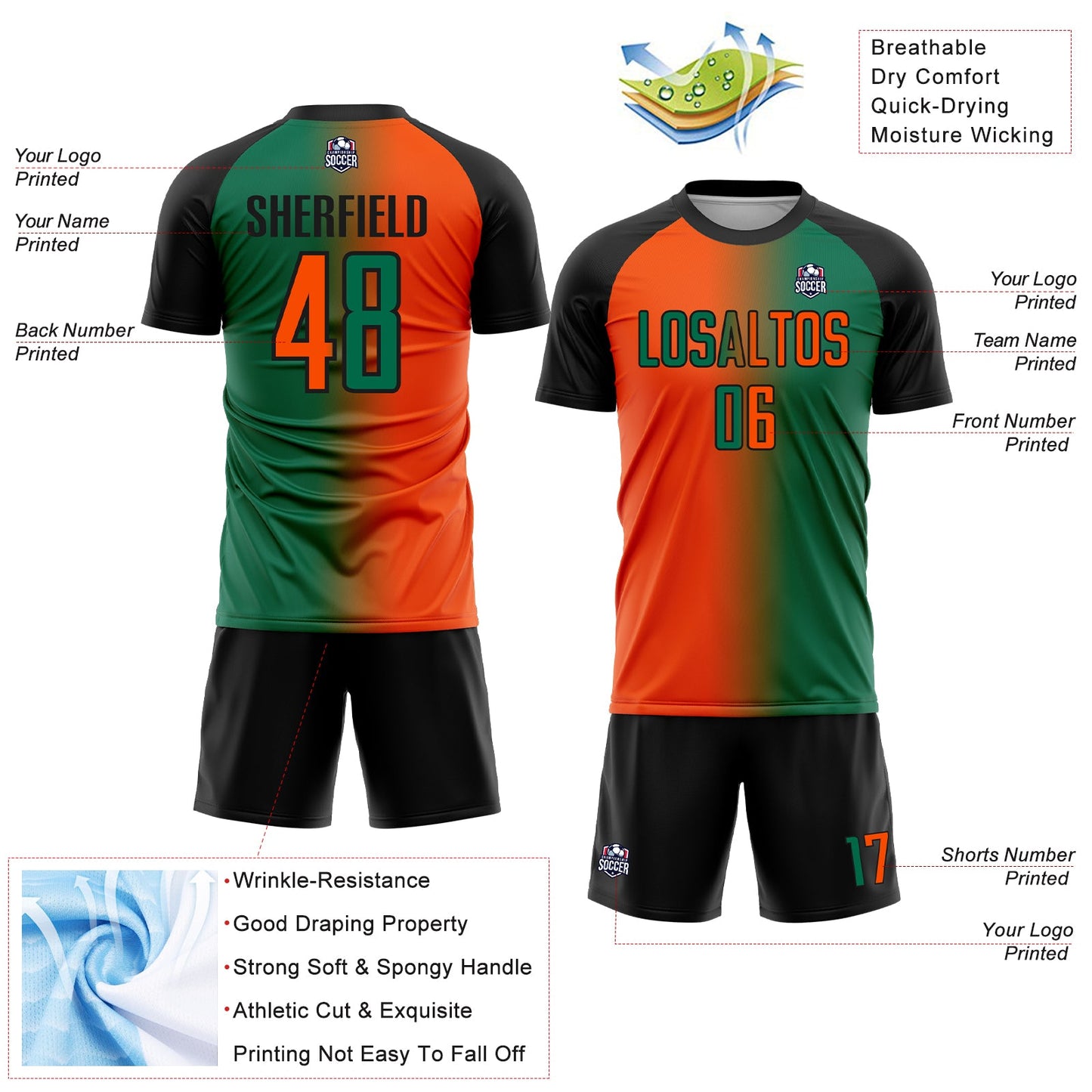 Custom Kelly Green Orange-Black Sublimation Gradient Fashion Soccer Uniform Jersey view 4