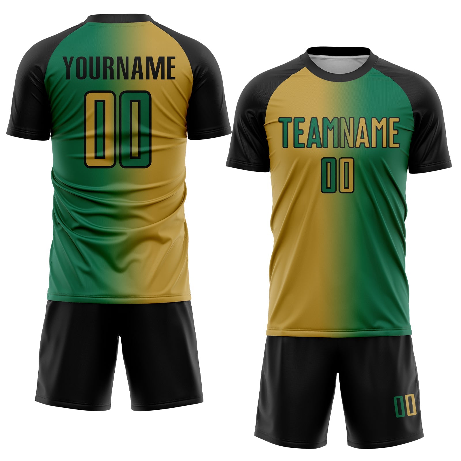 Custom Kelly Green Old Gold-Black Sublimation Gradient Fashion Soccer Uniform Jersey view 2