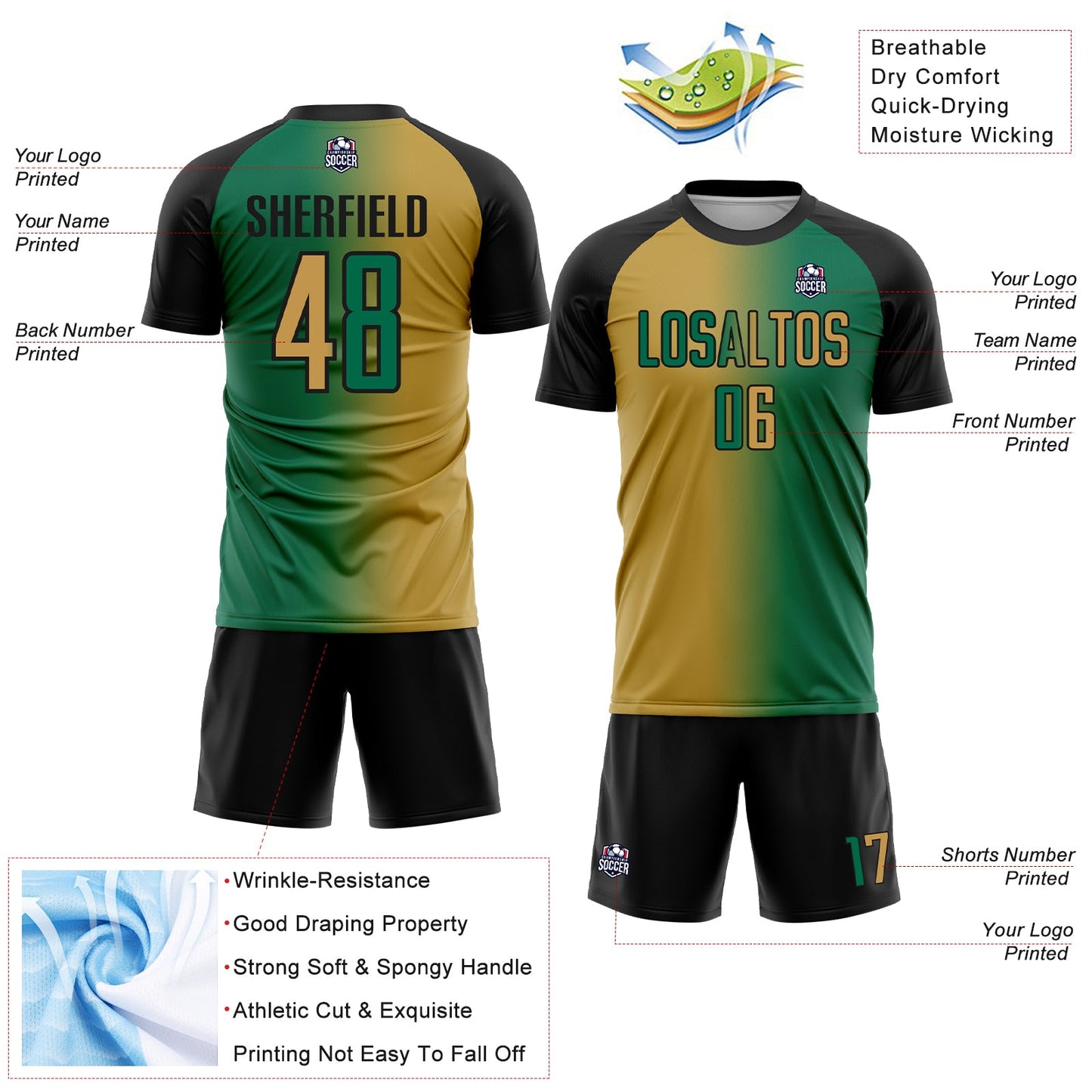 Custom Kelly Green Old Gold-Black Sublimation Gradient Fashion Soccer Uniform Jersey view 4