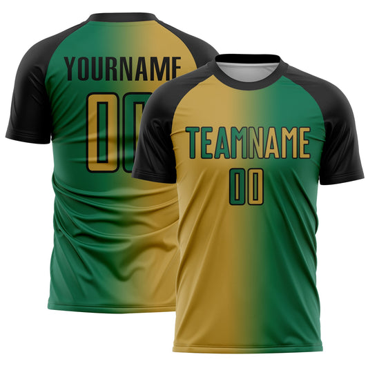 Custom Kelly Green Old Gold-Black Sublimation Gradient Fashion Soccer Uniform Jersey - Main View