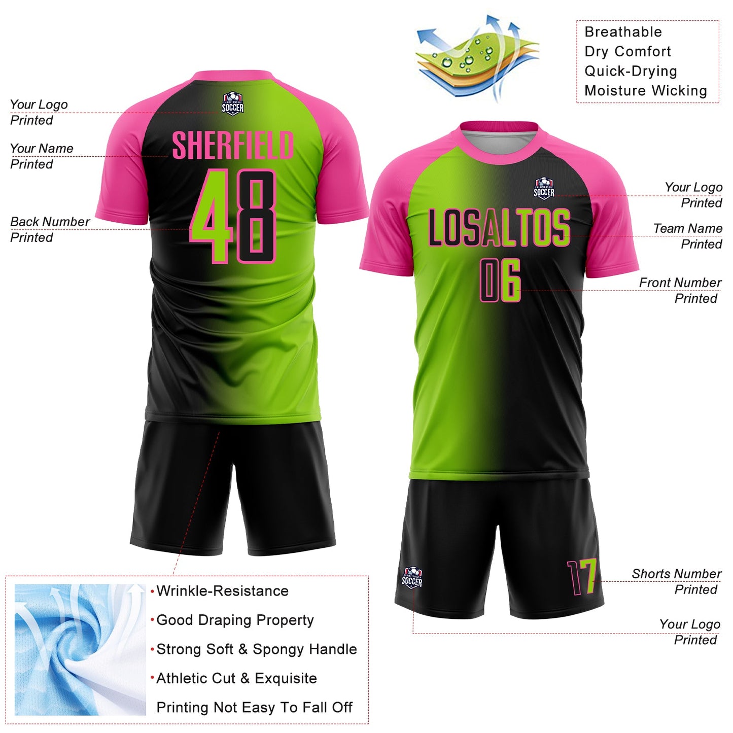 Custom Black Neon Green-Pink Sublimation Gradient Fashion Soccer Uniform Jersey view 4