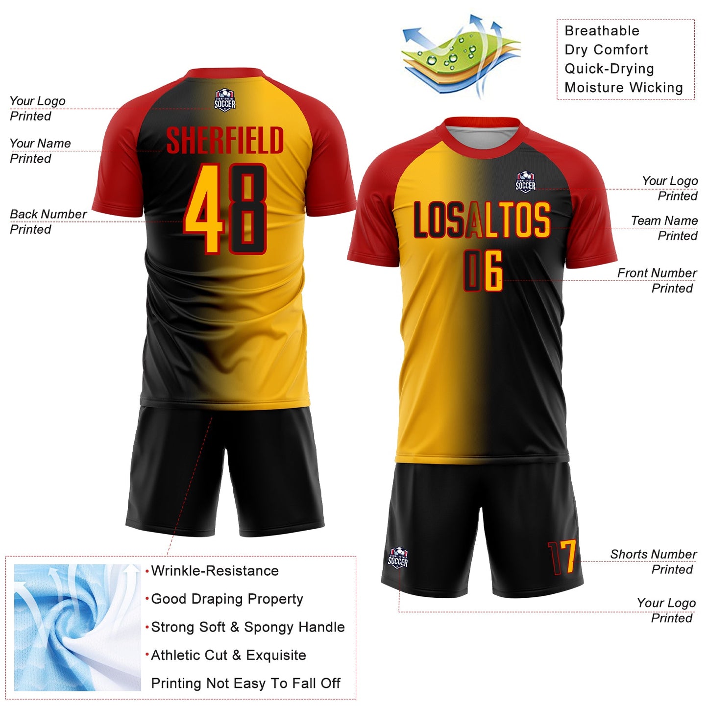 Custom Black Gold-Red Sublimation Gradient Fashion Soccer Uniform Jersey view 4