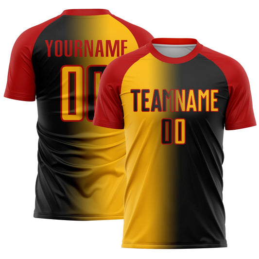 Custom Black Gold-Red Sublimation Gradient Fashion Soccer Uniform Jersey - Main View