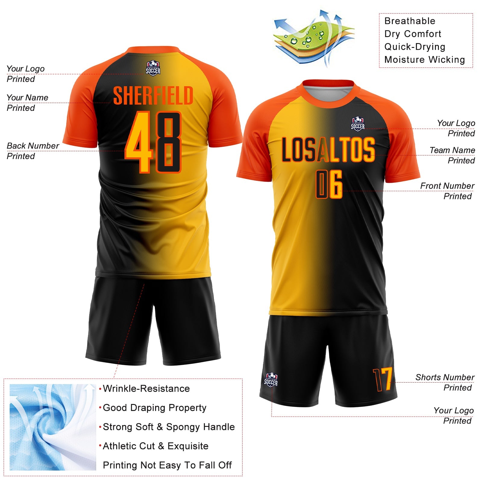 Custom Black Gold-Orange Sublimation Gradient Fashion Soccer Uniform Jersey view 4