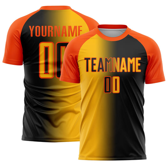 Custom Black Gold-Orange Sublimation Gradient Fashion Soccer Uniform Jersey - Main View