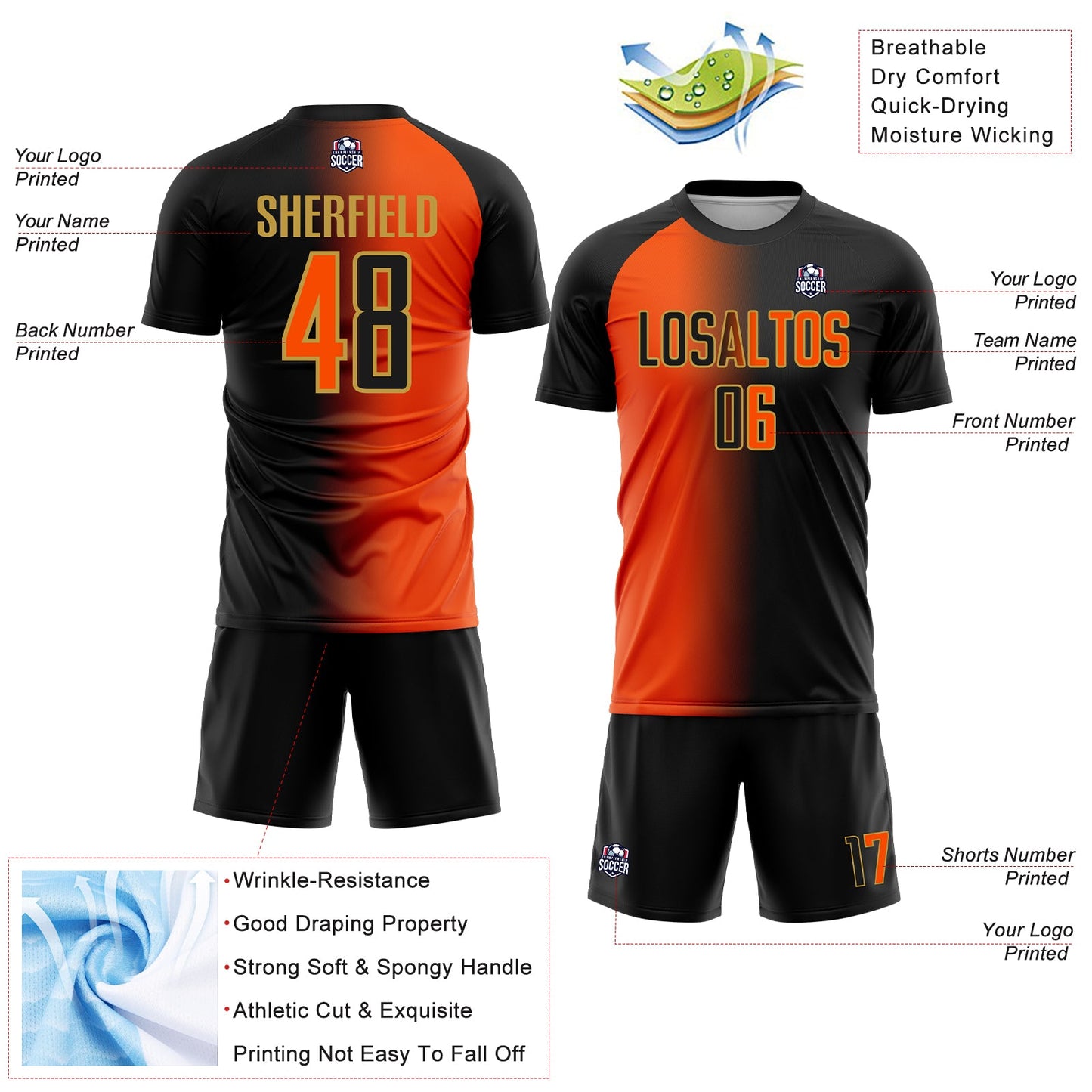 Custom Black Orange-Old Gold Sublimation Gradient Fashion Soccer Uniform Jersey view 4