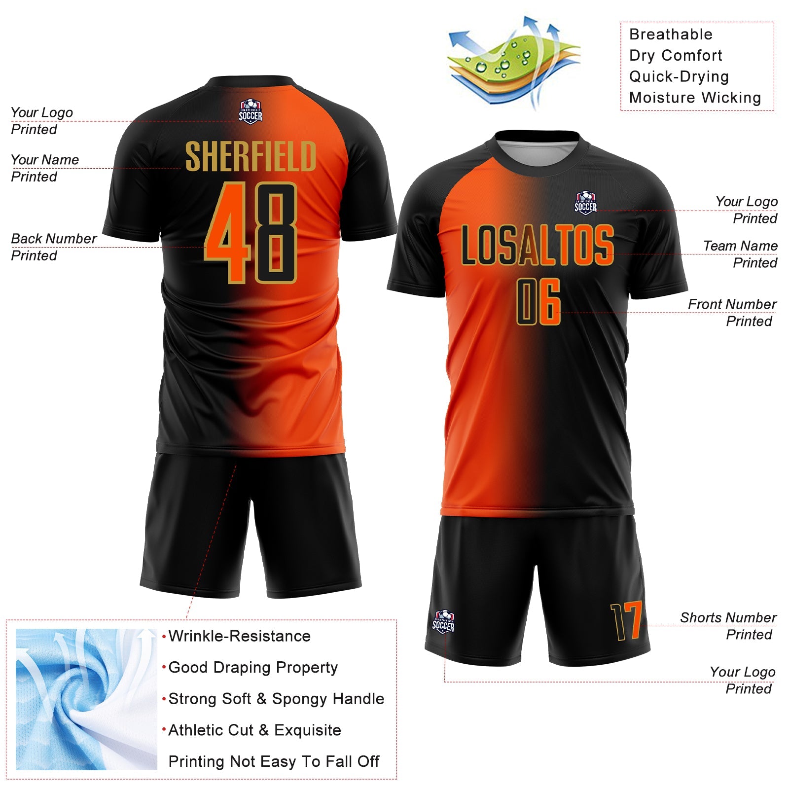 Custom Black Orange-Old Gold Sublimation Gradient Fashion Soccer Uniform Jersey view 4
