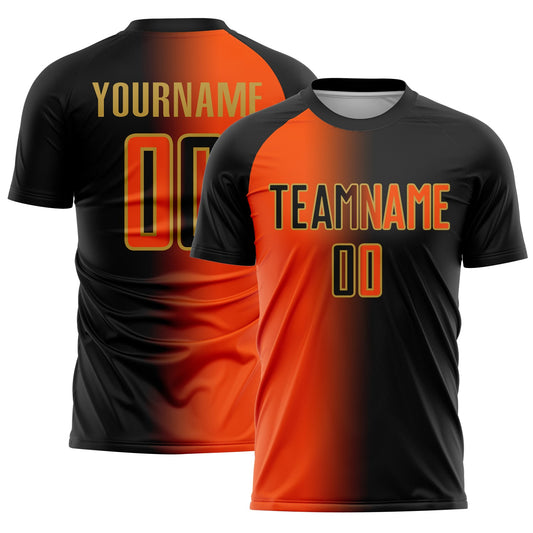 Custom Black Orange-Old Gold Sublimation Gradient Fashion Soccer Uniform Jersey - Main View