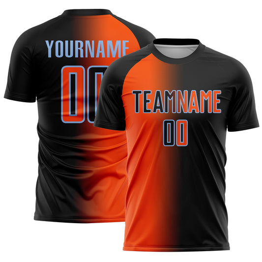 Custom Black Orange-Light Blue Sublimation Gradient Fashion Soccer Uniform Jersey - Main View
