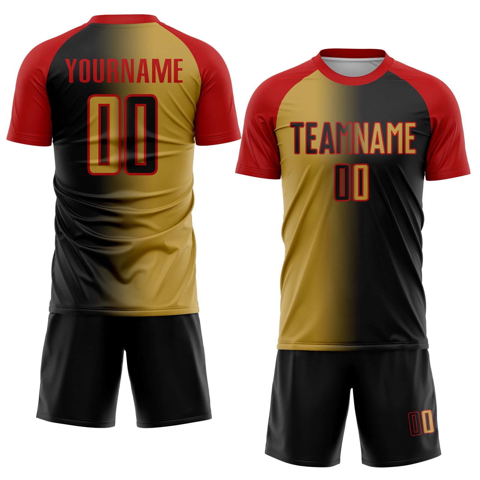Custom Black Old Gold-Red Sublimation Gradient Fashion Soccer Uniform Jersey view 2
