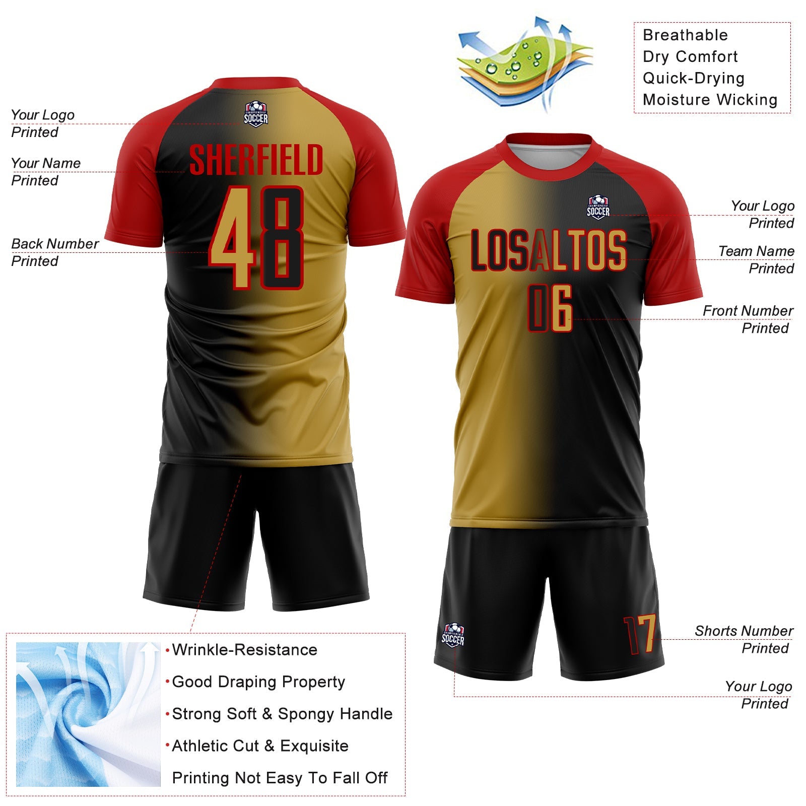 Custom Black Old Gold-Red Sublimation Gradient Fashion Soccer Uniform Jersey view 4