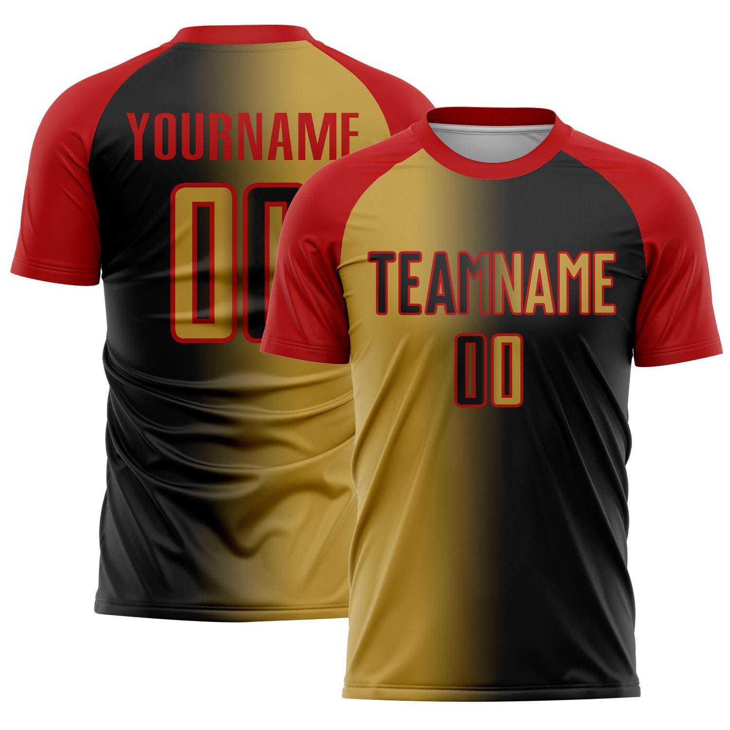 Custom Black Old Gold-Red Sublimation Gradient Fashion Soccer Uniform Jersey - Main View