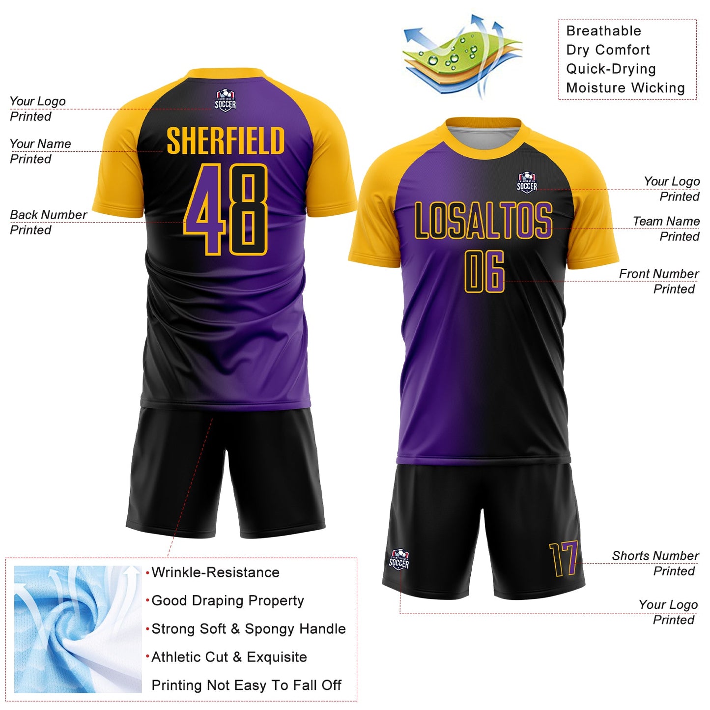 Custom Black Purple-Gold Sublimation Gradient Fashion Soccer Uniform Jersey view 4