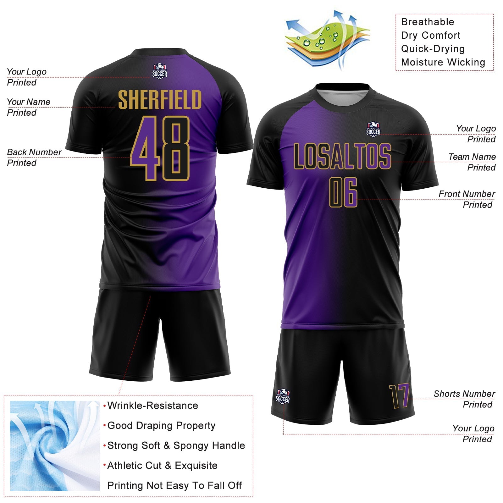 Custom Black Purple-Old Gold Sublimation Gradient Fashion Soccer Uniform Jersey view 4