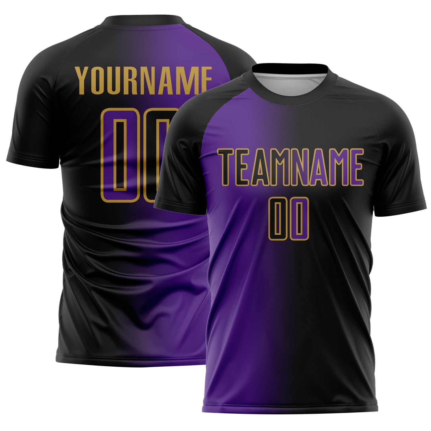 Custom Black Purple-Old Gold Sublimation Gradient Fashion Soccer Uniform Jersey - Main View