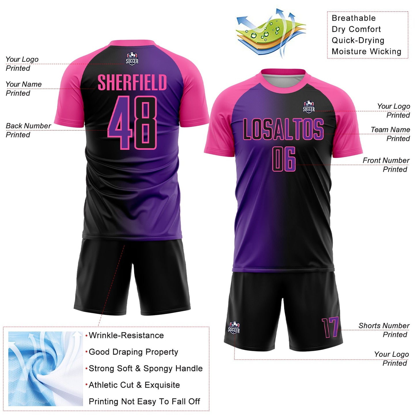 Custom Black Purple-Pink Sublimation Gradient Fashion Soccer Uniform Jersey view 4
