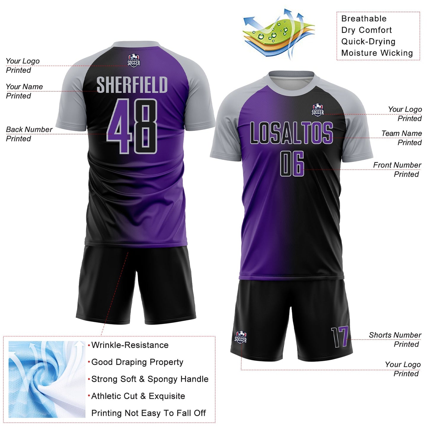 Custom Black Purple-Gray Sublimation Gradient Fashion Soccer Uniform Jersey view 4