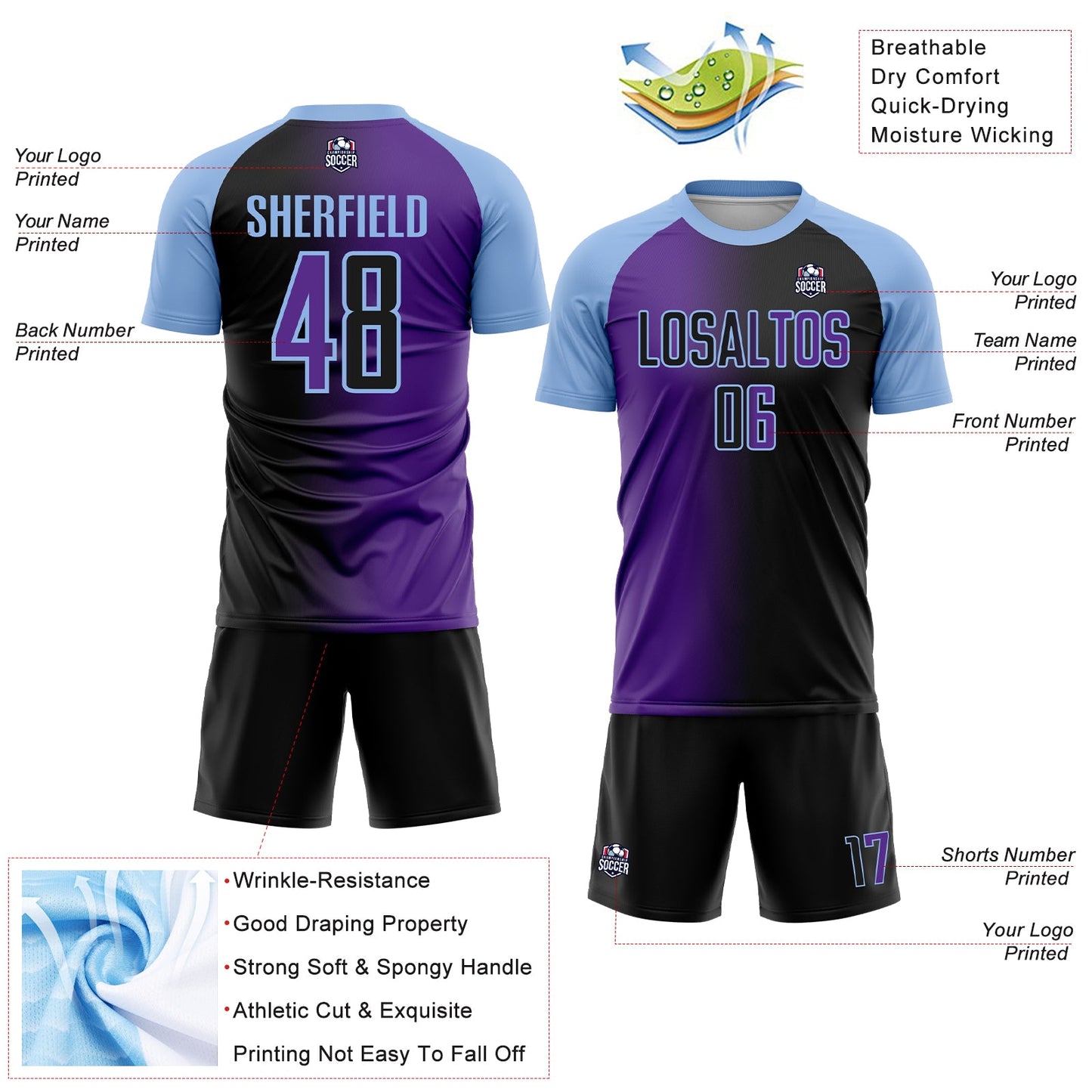 Custom Black Purple-Light Blue Sublimation Gradient Fashion Soccer Uniform Jersey view 4
