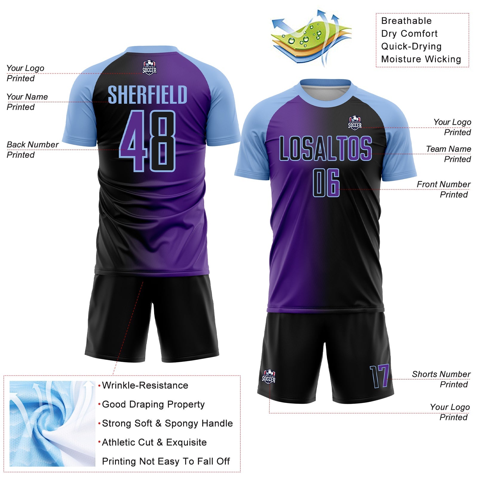 Custom Black Purple-Light Blue Sublimation Gradient Fashion Soccer Uniform Jersey view 4