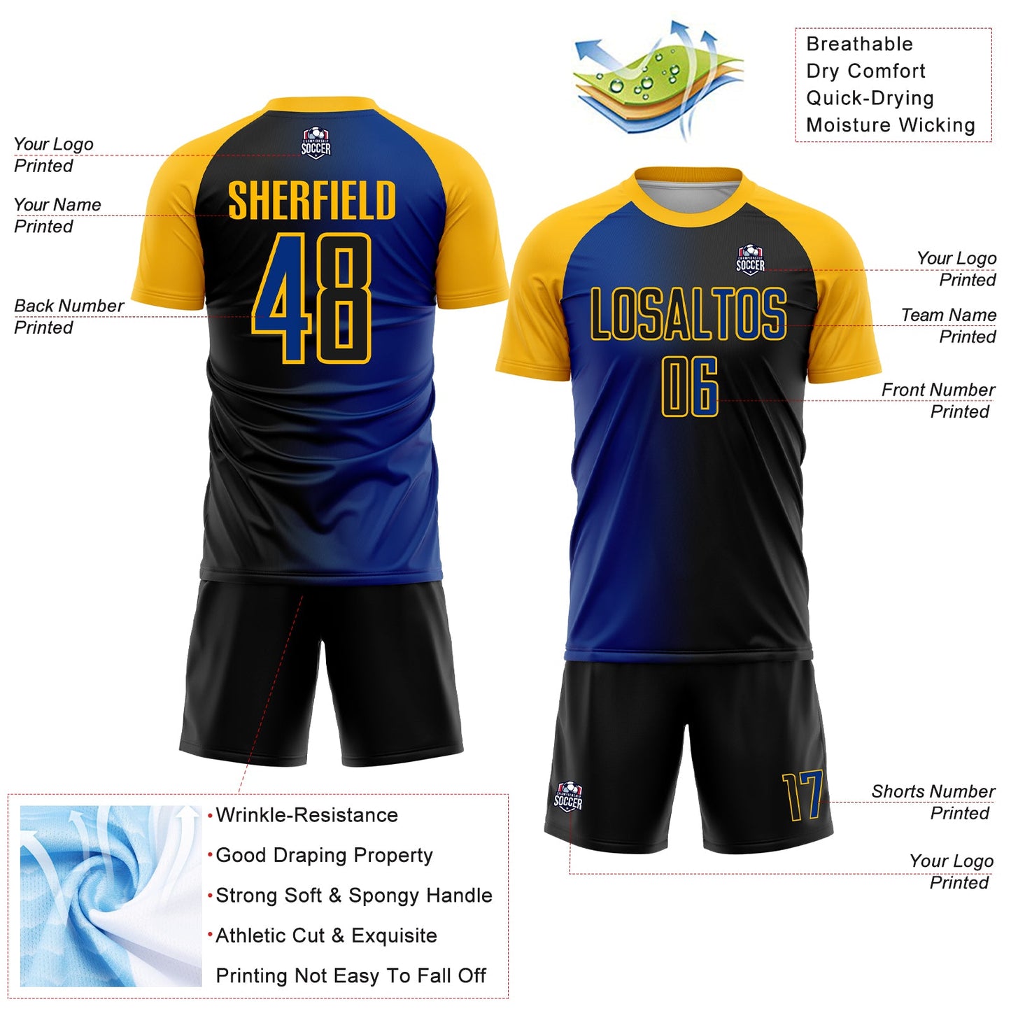 Custom Black Royal-Gold Sublimation Gradient Fashion Soccer Uniform Jersey view 4