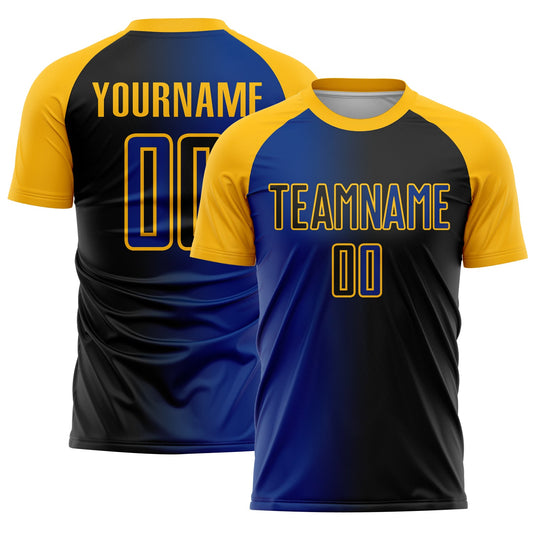Custom Black Royal-Gold Sublimation Gradient Fashion Soccer Uniform Jersey - Main View