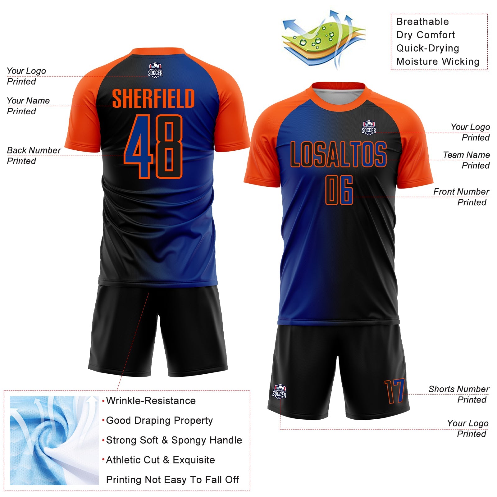 Custom Black Royal-Orange Sublimation Gradient Fashion Soccer Uniform Jersey view 4