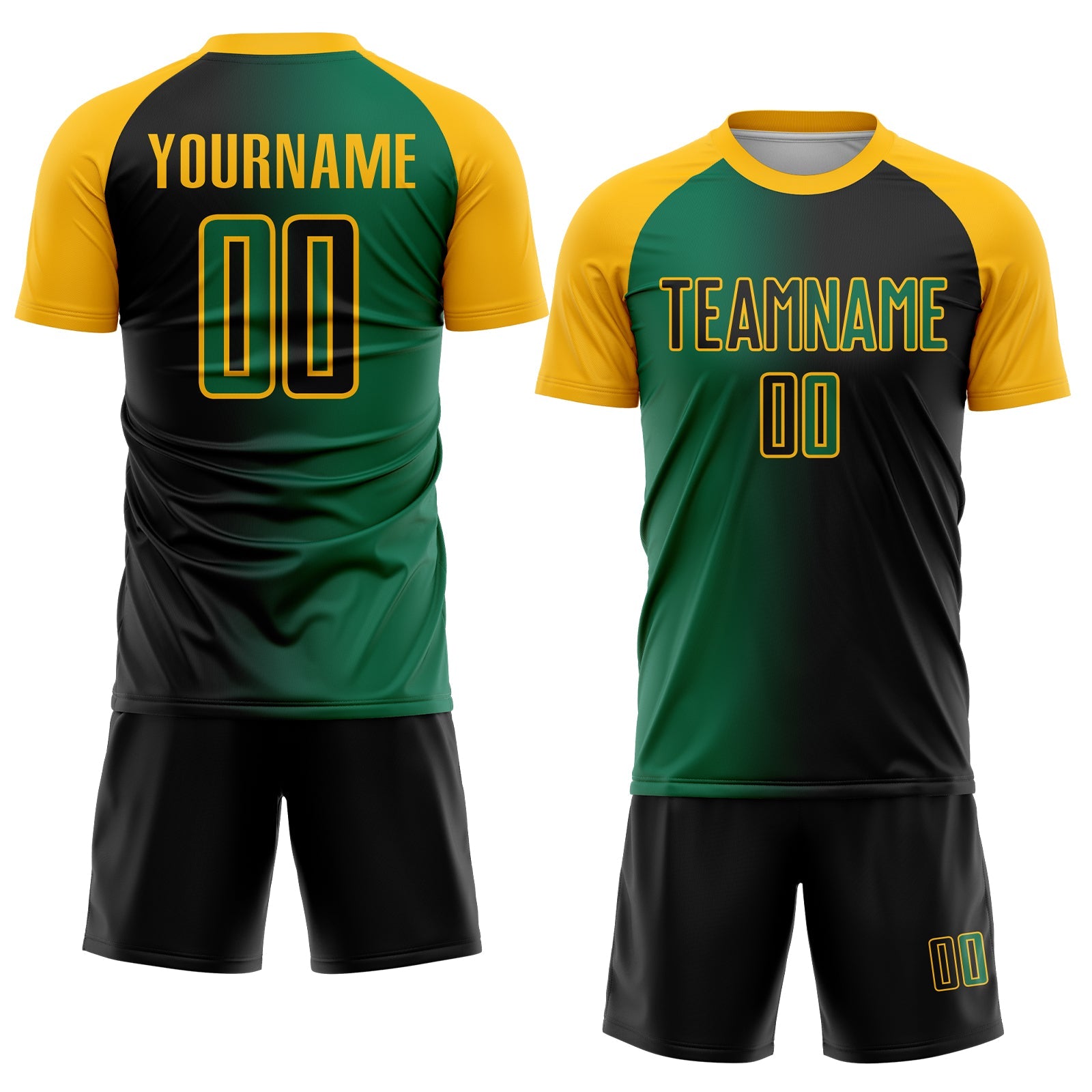 Custom Black Kelly Green-Gold Sublimation Gradient Fashion Soccer Uniform Jersey view 2