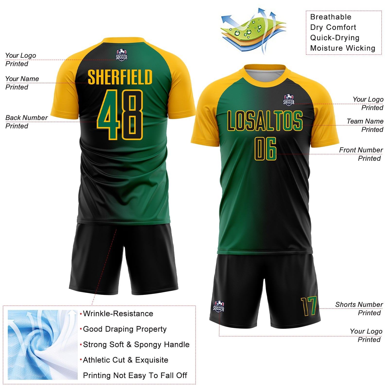 Custom Black Kelly Green-Gold Sublimation Gradient Fashion Soccer Uniform Jersey view 4