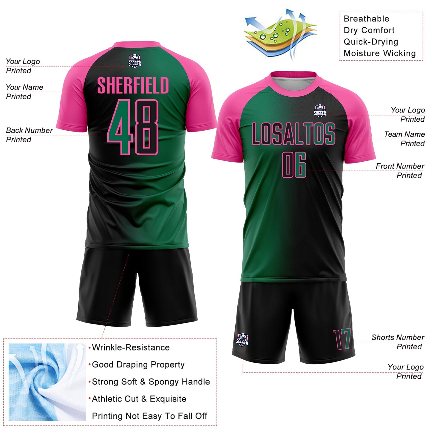 Custom Black Kelly Green-Pink Sublimation Gradient Fashion Soccer Uniform Jersey view 4