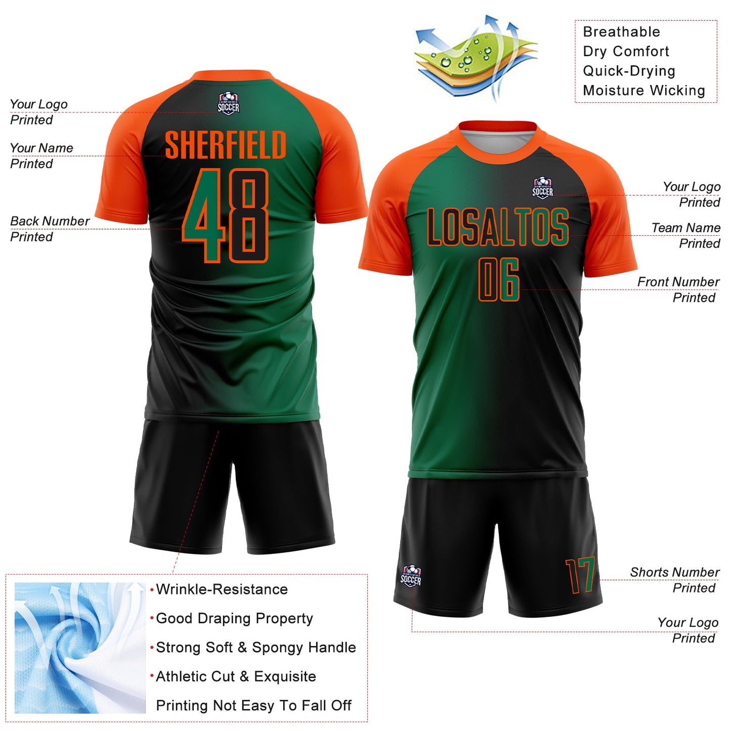 Custom Black Kelly Green-Orange Sublimation Gradient Fashion Soccer Uniform Jersey view 4