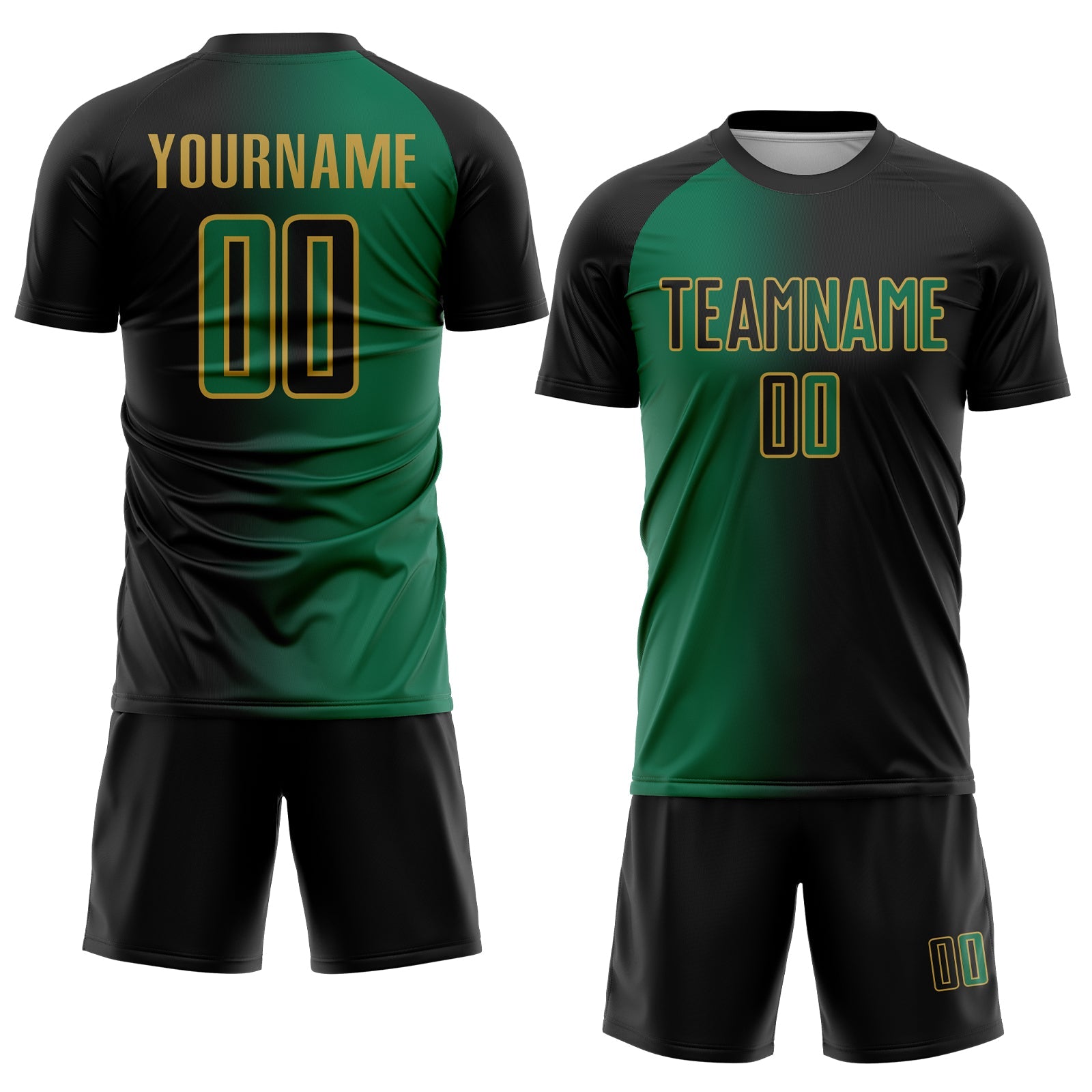 Custom Black Kelly Green-Old Gold Sublimation Gradient Fashion Soccer Uniform Jersey view 2