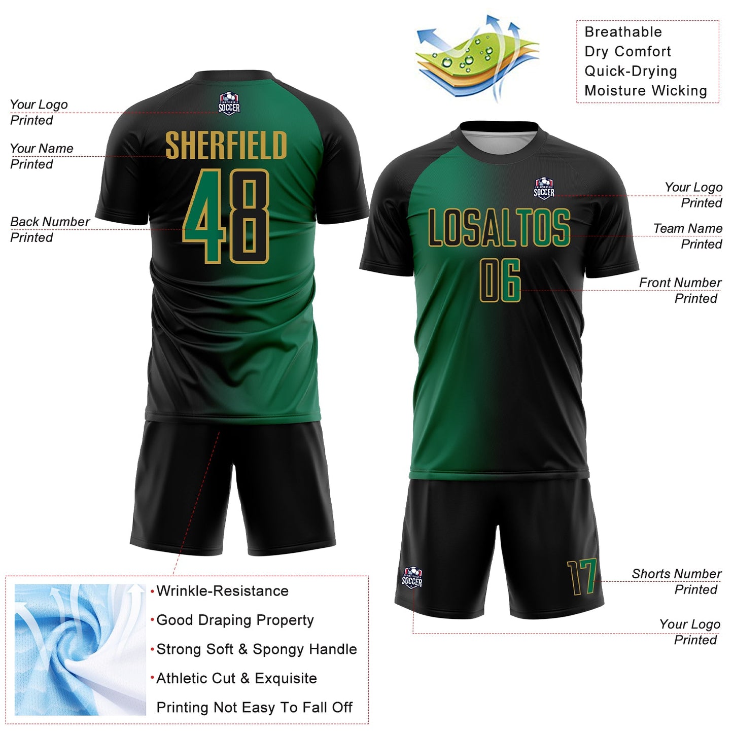 Custom Black Kelly Green-Old Gold Sublimation Gradient Fashion Soccer Uniform Jersey view 4