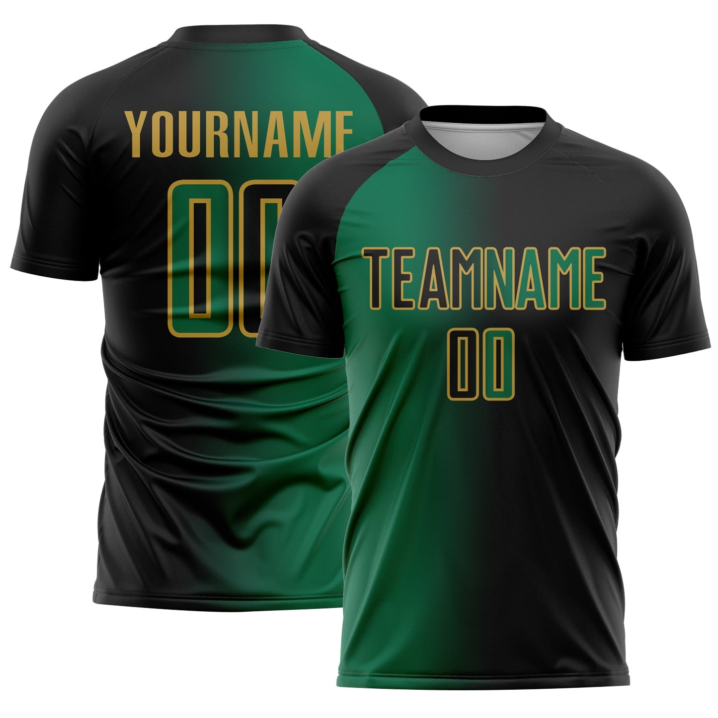 Custom Black Kelly Green-Old Gold Sublimation Gradient Fashion Soccer Uniform Jersey - Main View
