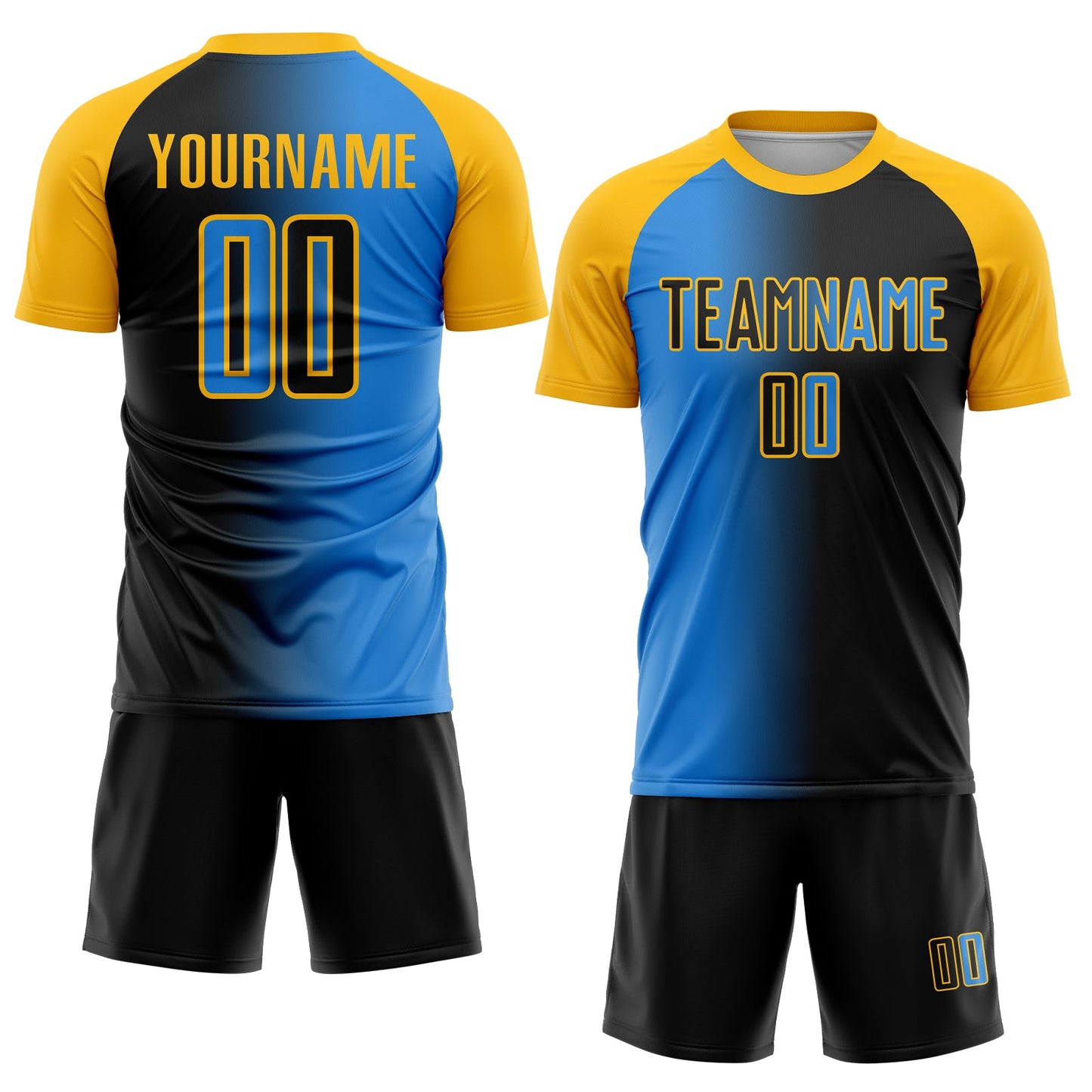 Custom Black Powder Blue-Gold Sublimation Gradient Fashion Soccer Uniform Jersey view 2