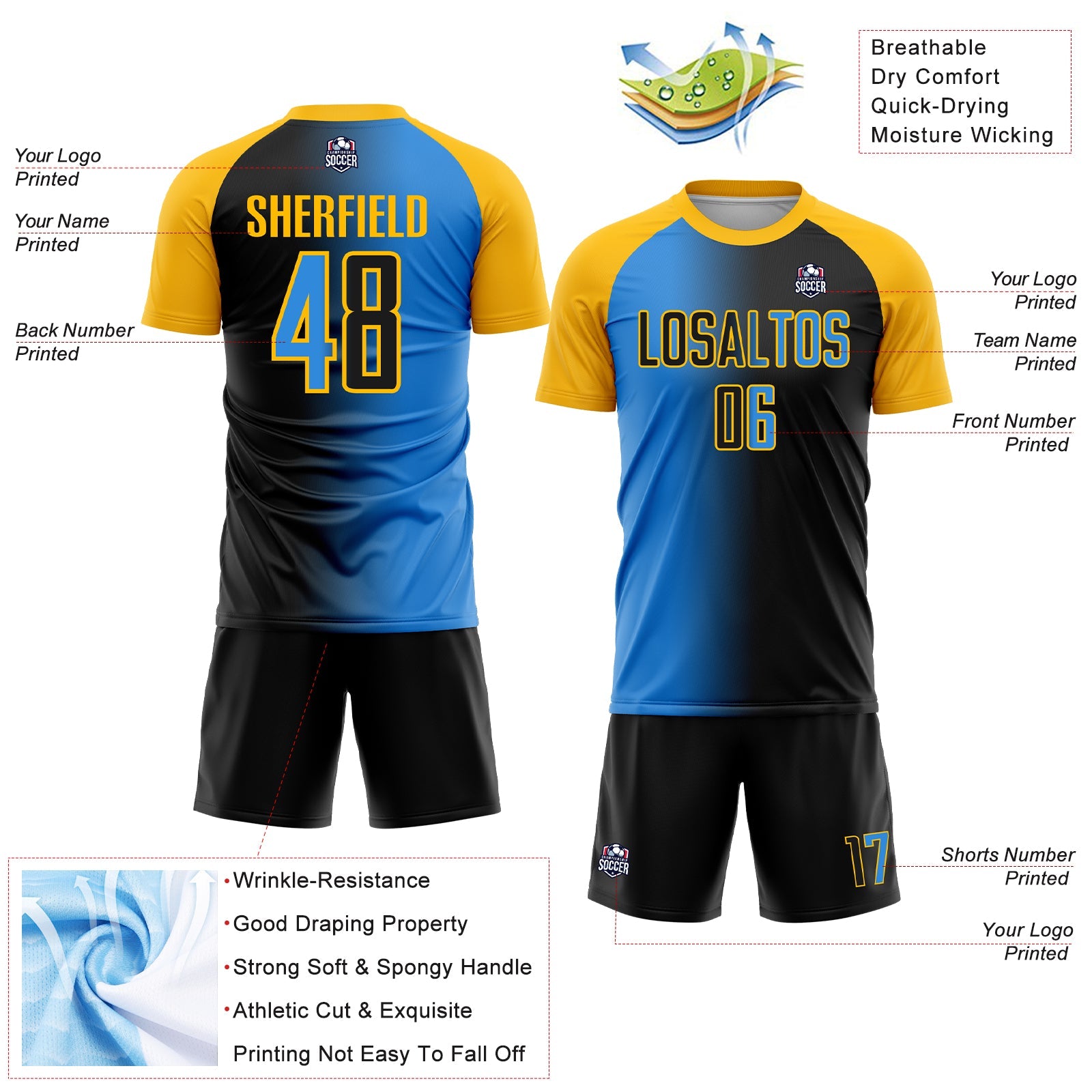 Custom Black Powder Blue-Gold Sublimation Gradient Fashion Soccer Uniform Jersey view 4
