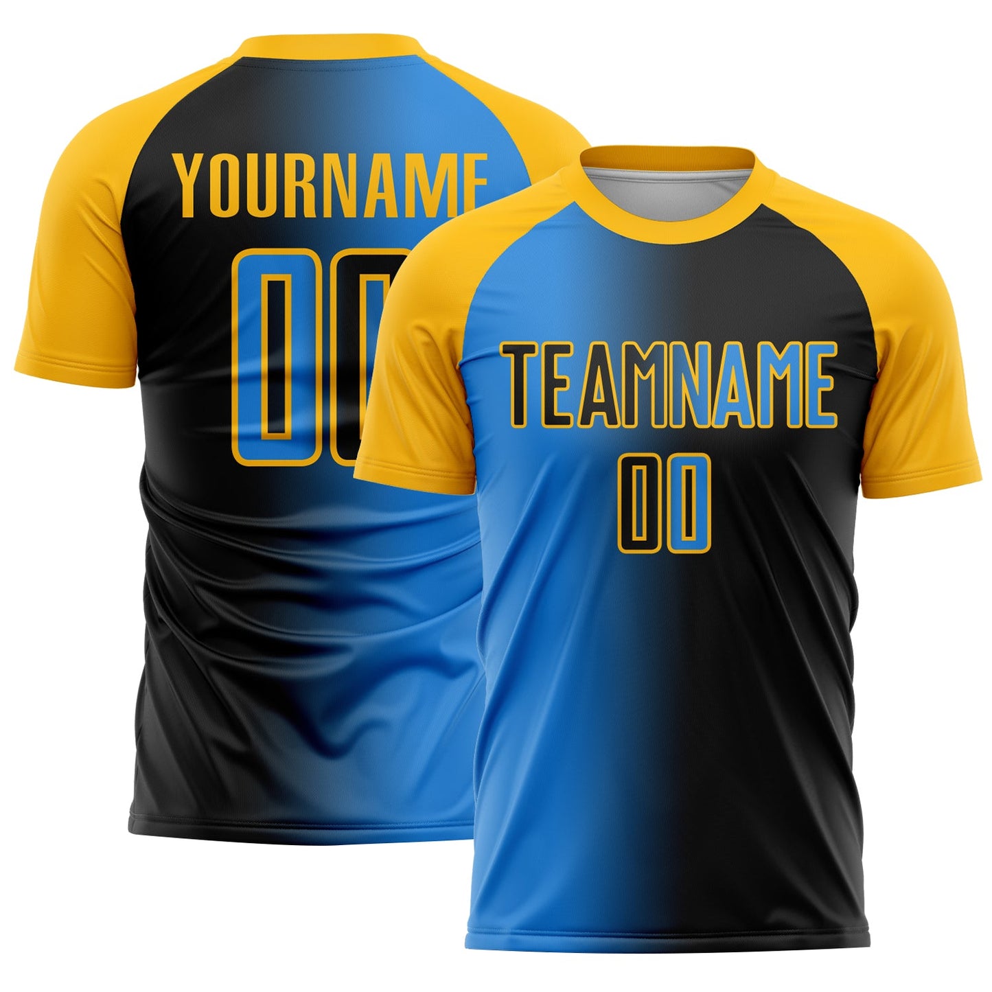 Custom Black Powder Blue-Gold Sublimation Gradient Fashion Soccer Uniform Jersey - Main View