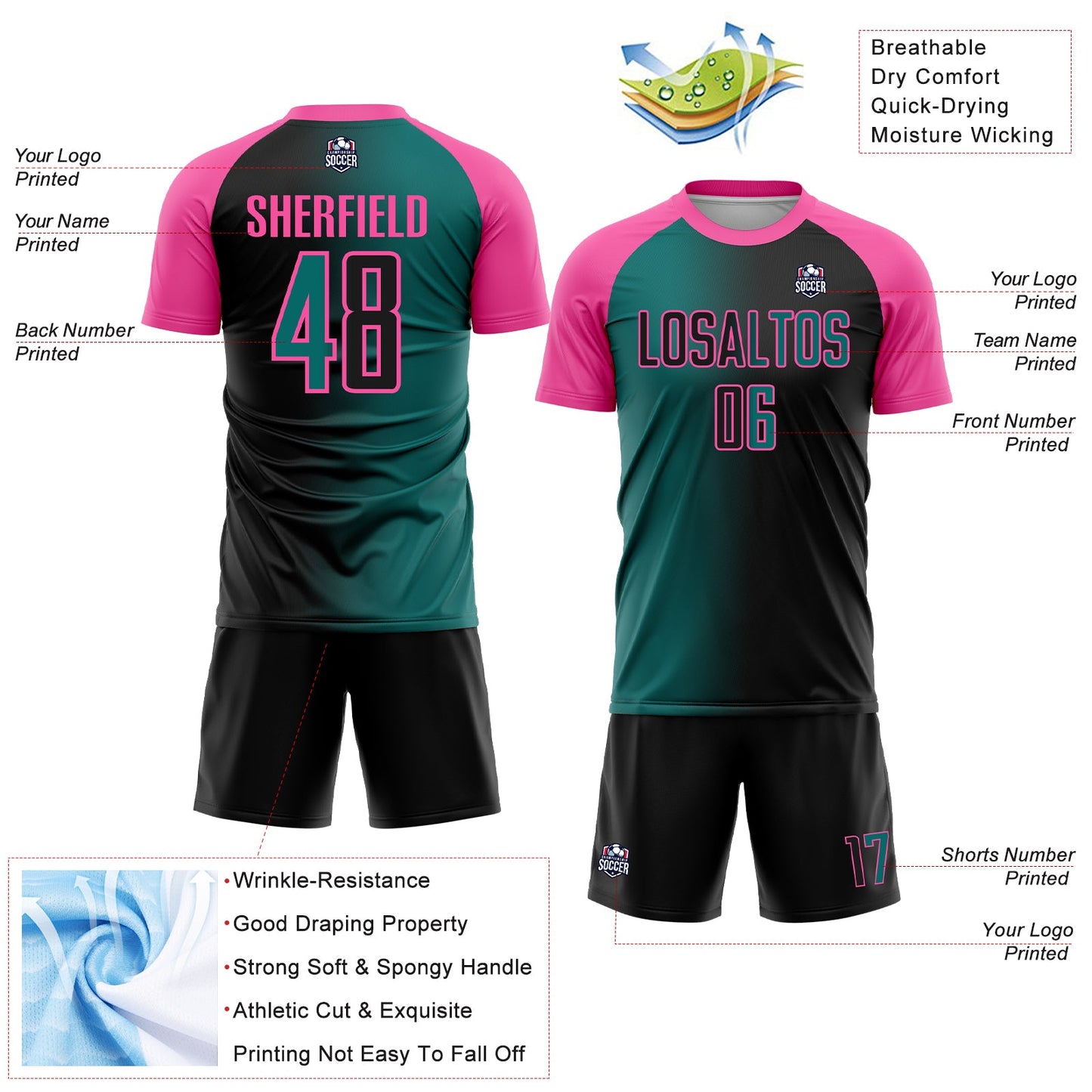 Custom Black Teal-Pink Sublimation Gradient Fashion Soccer Uniform Jersey view 4
