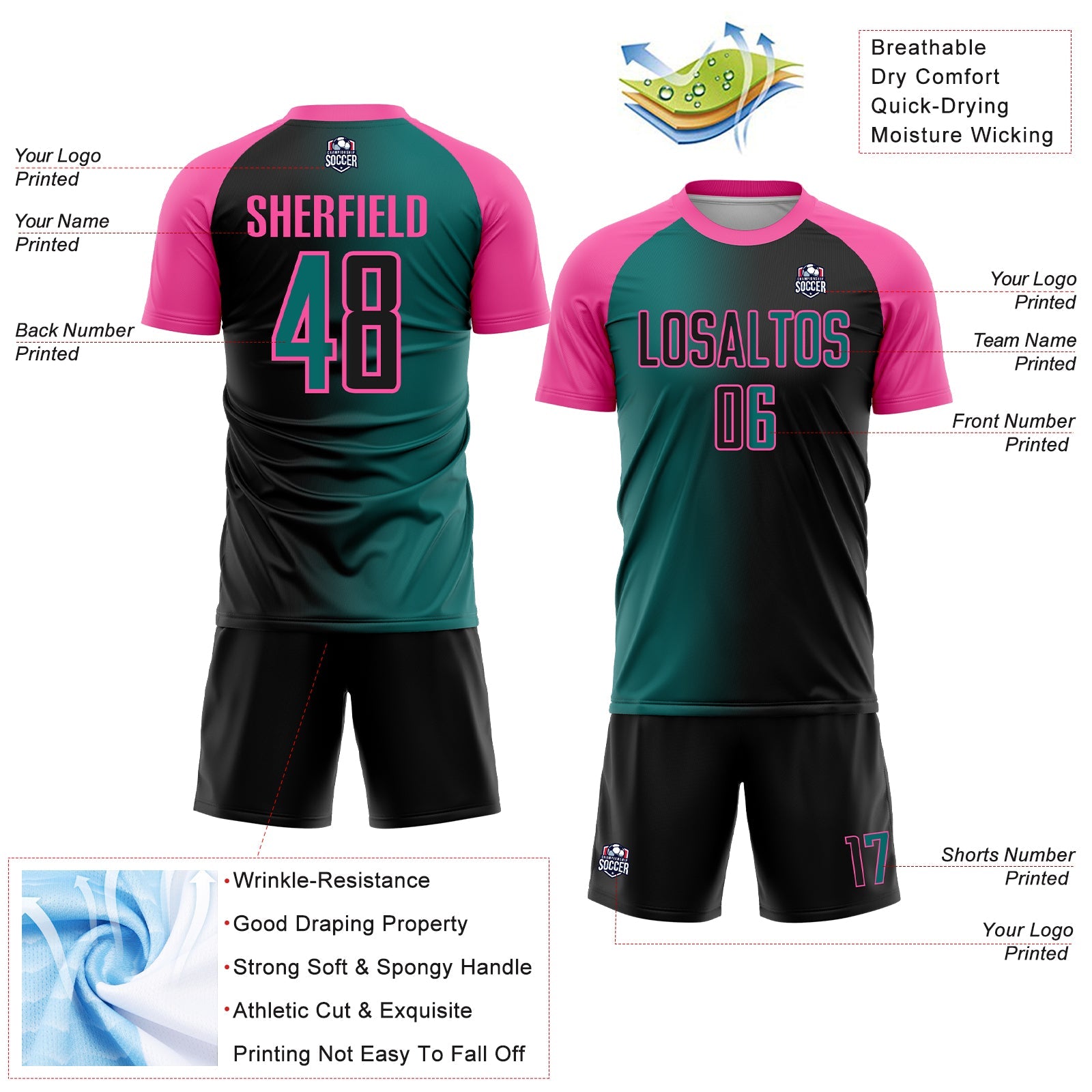 Custom Black Teal-Pink Sublimation Gradient Fashion Soccer Uniform Jersey view 4