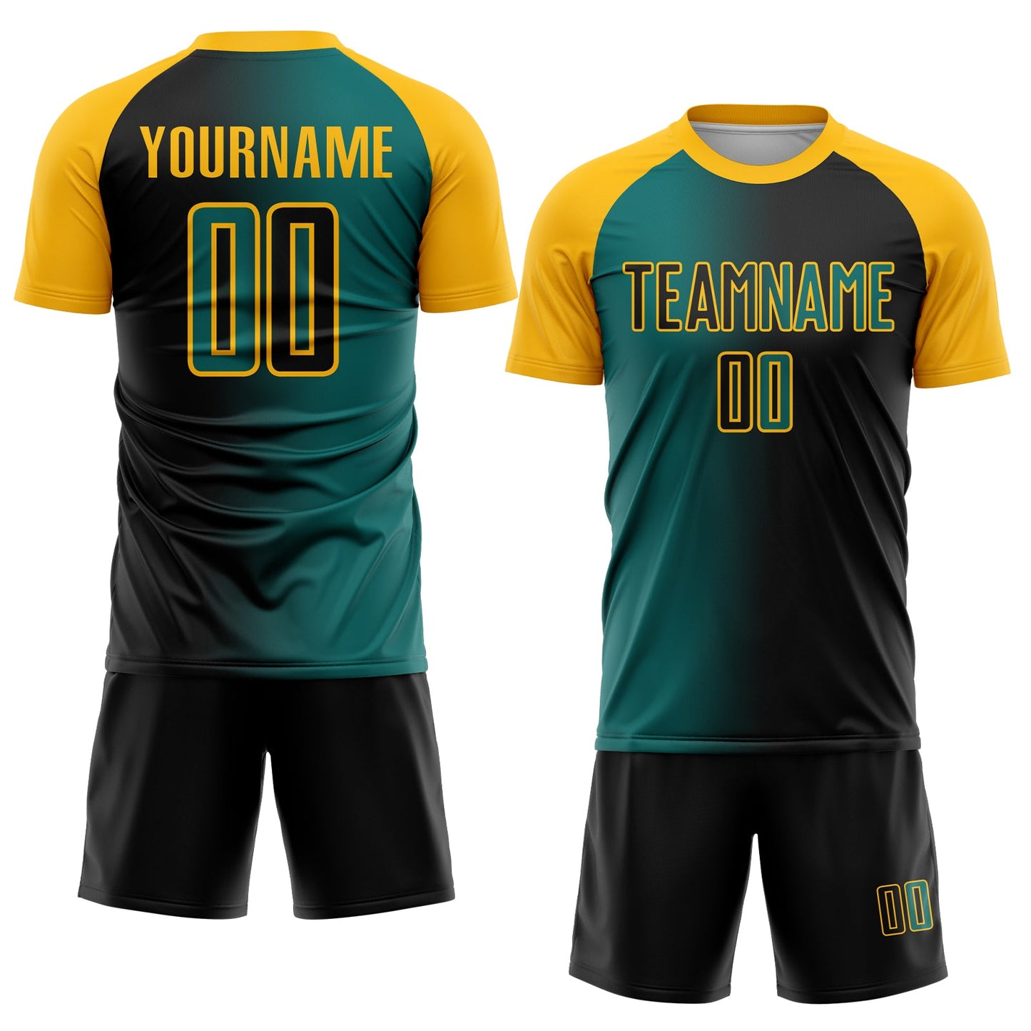 Custom Black Teal-Gold Sublimation Gradient Fashion Soccer Uniform Jersey view 2