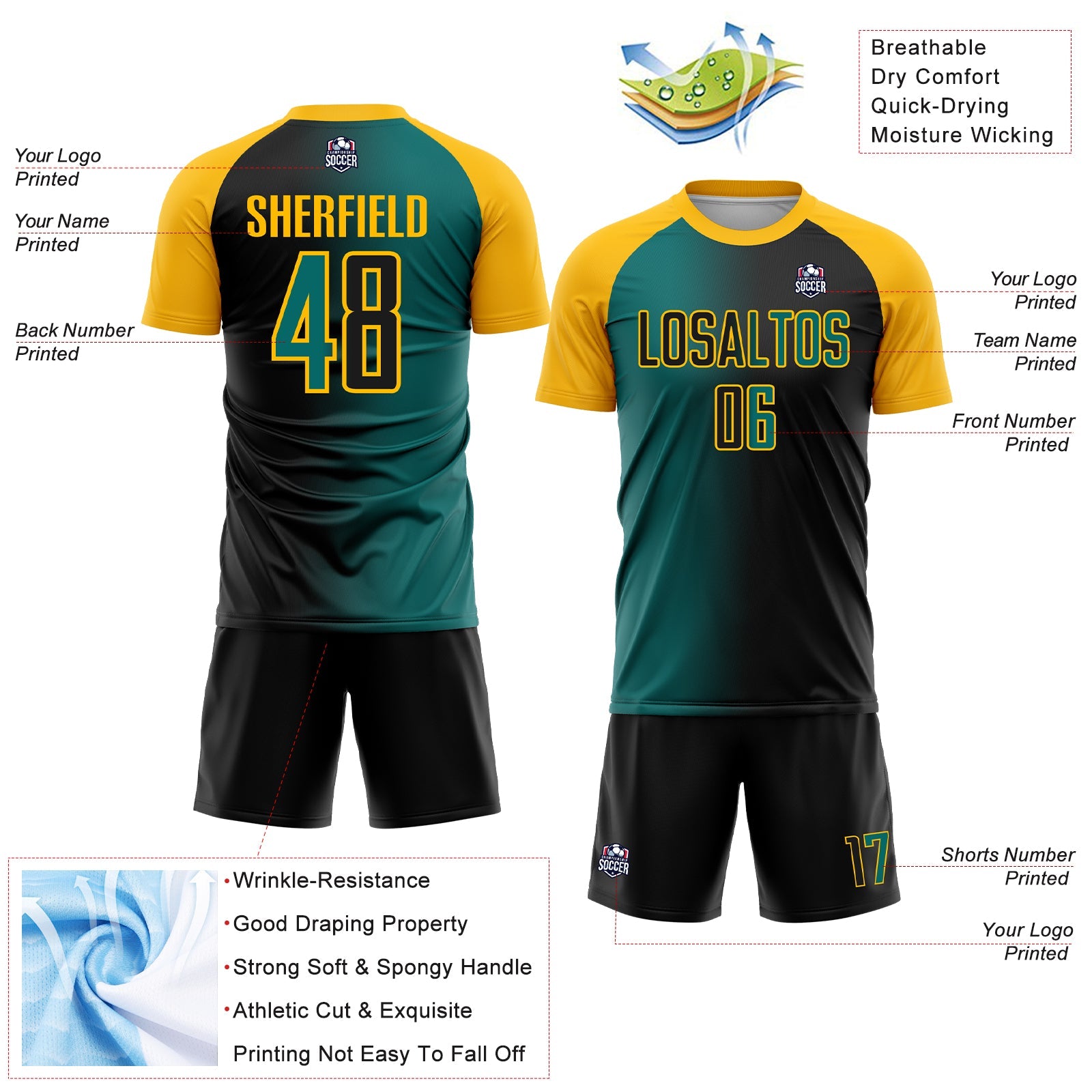 Custom Black Teal-Gold Sublimation Gradient Fashion Soccer Uniform Jersey view 4