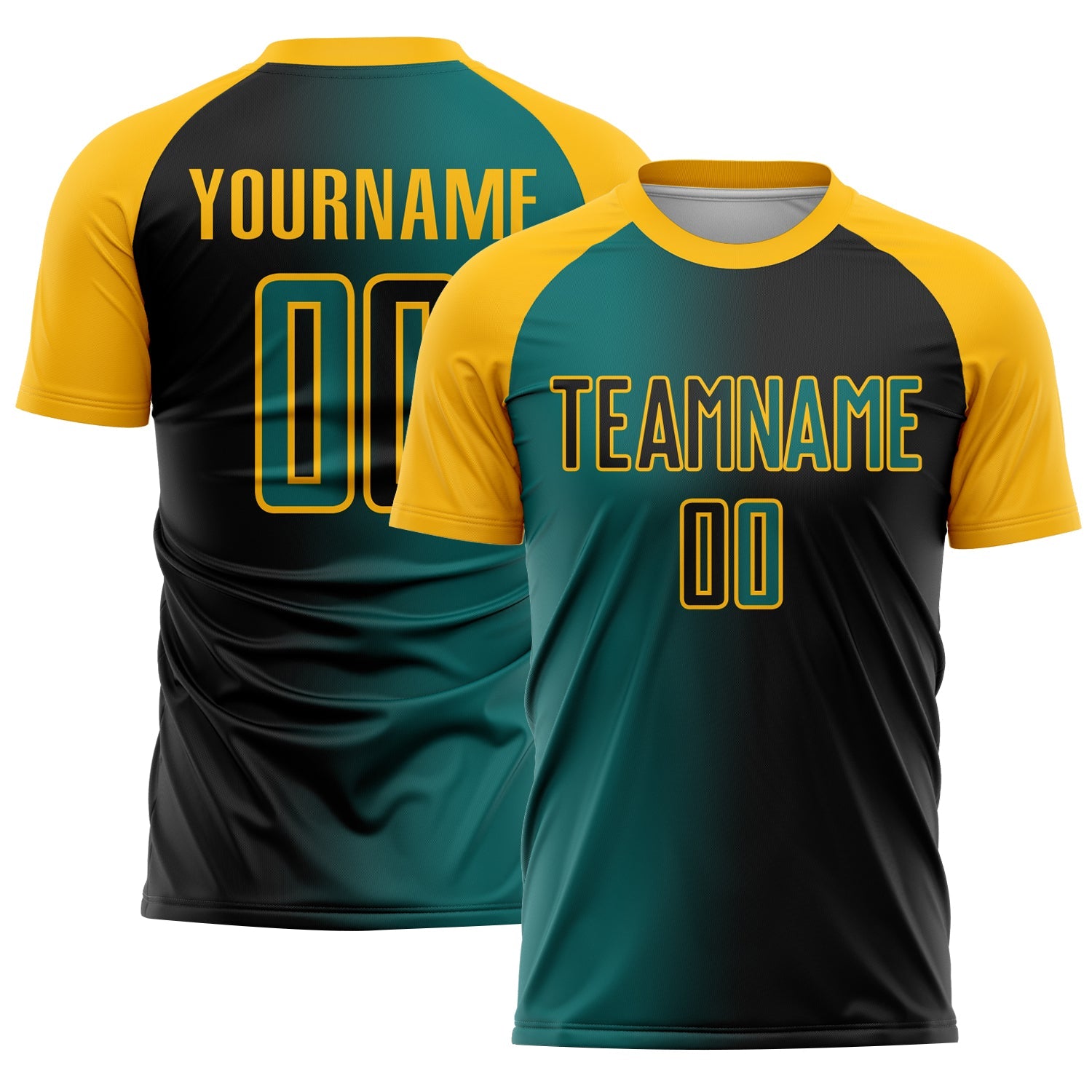 Custom Black Teal-Gold Sublimation Gradient Fashion Soccer Uniform Jersey - Main View