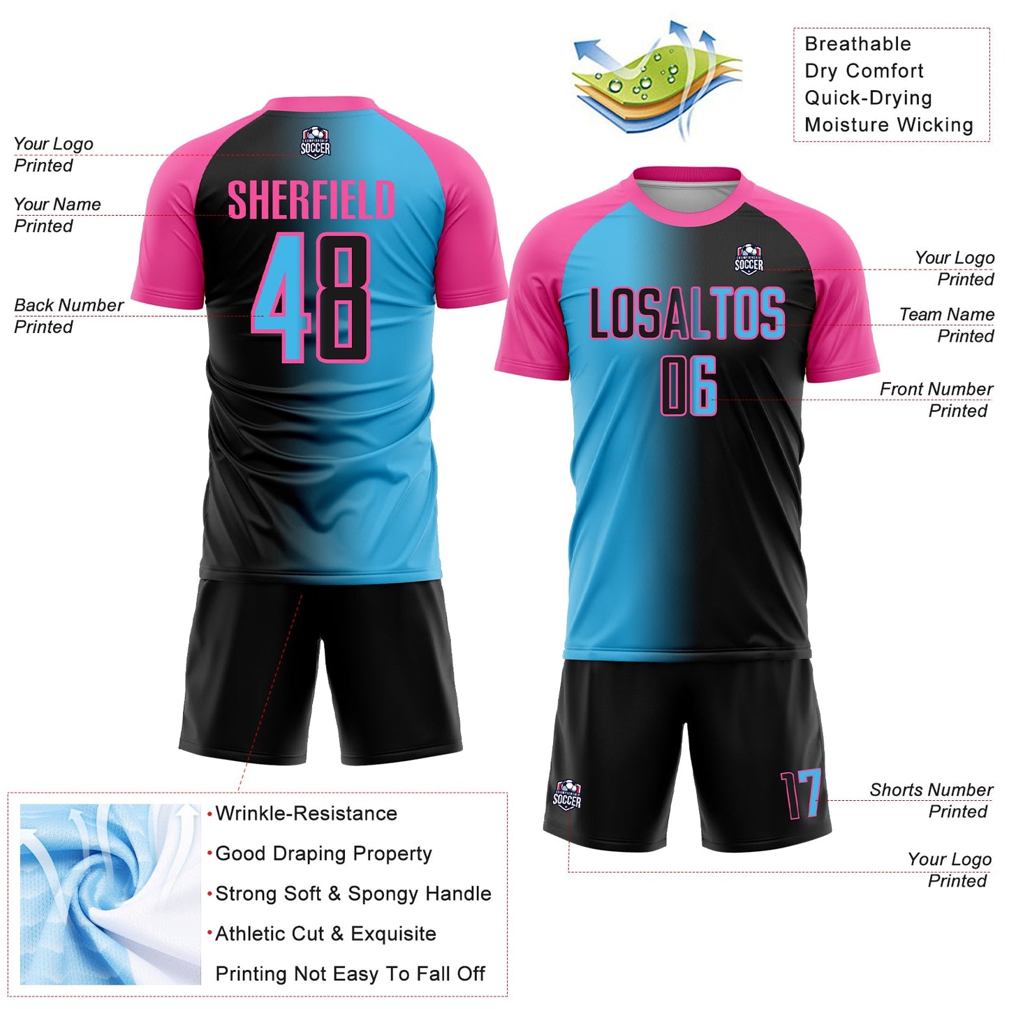 Custom Black Sky Blue-Pink Sublimation Gradient Fashion Soccer Uniform Jersey view 4