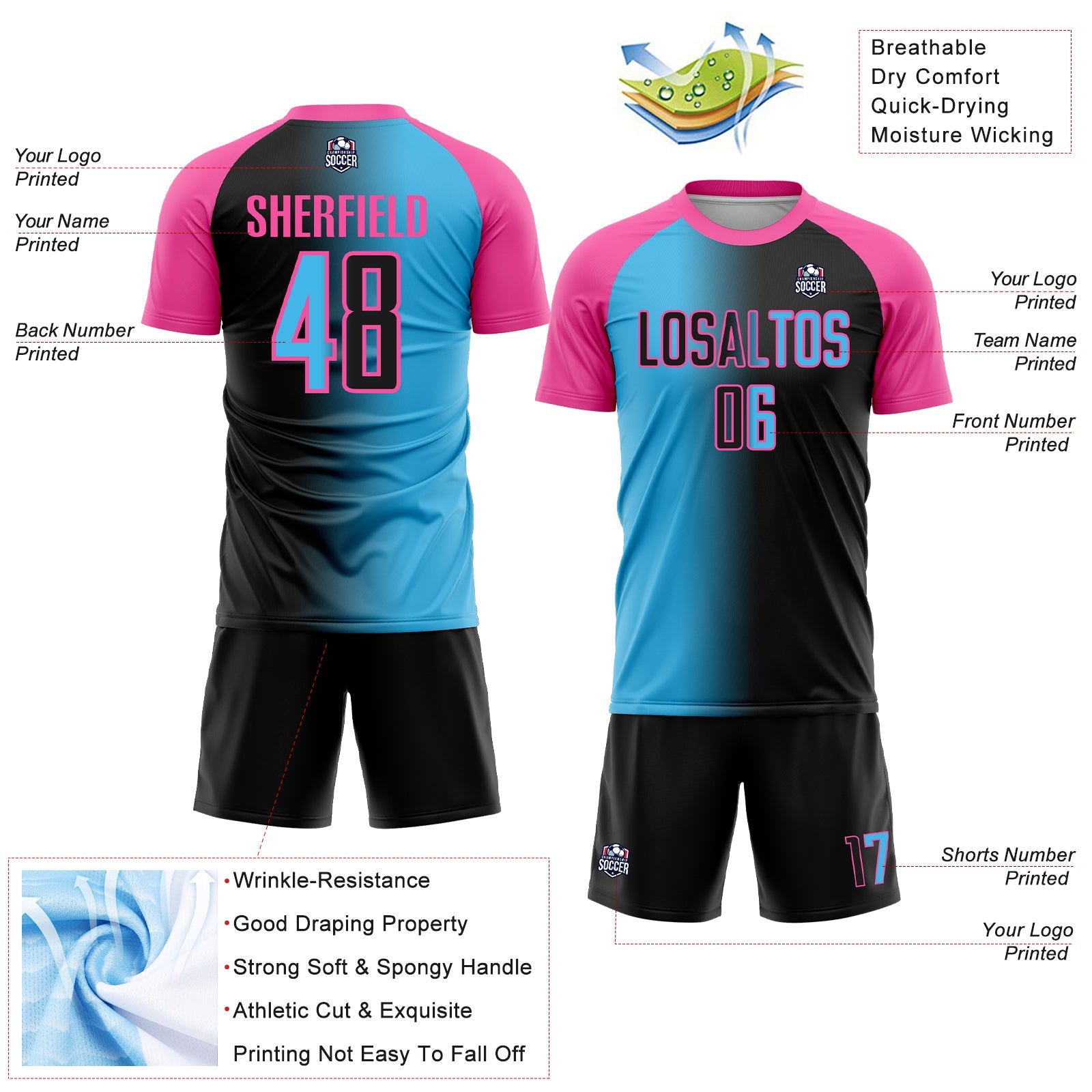 Custom Black Sky Blue-Pink Sublimation Gradient Fashion Soccer Uniform Jersey view 4
