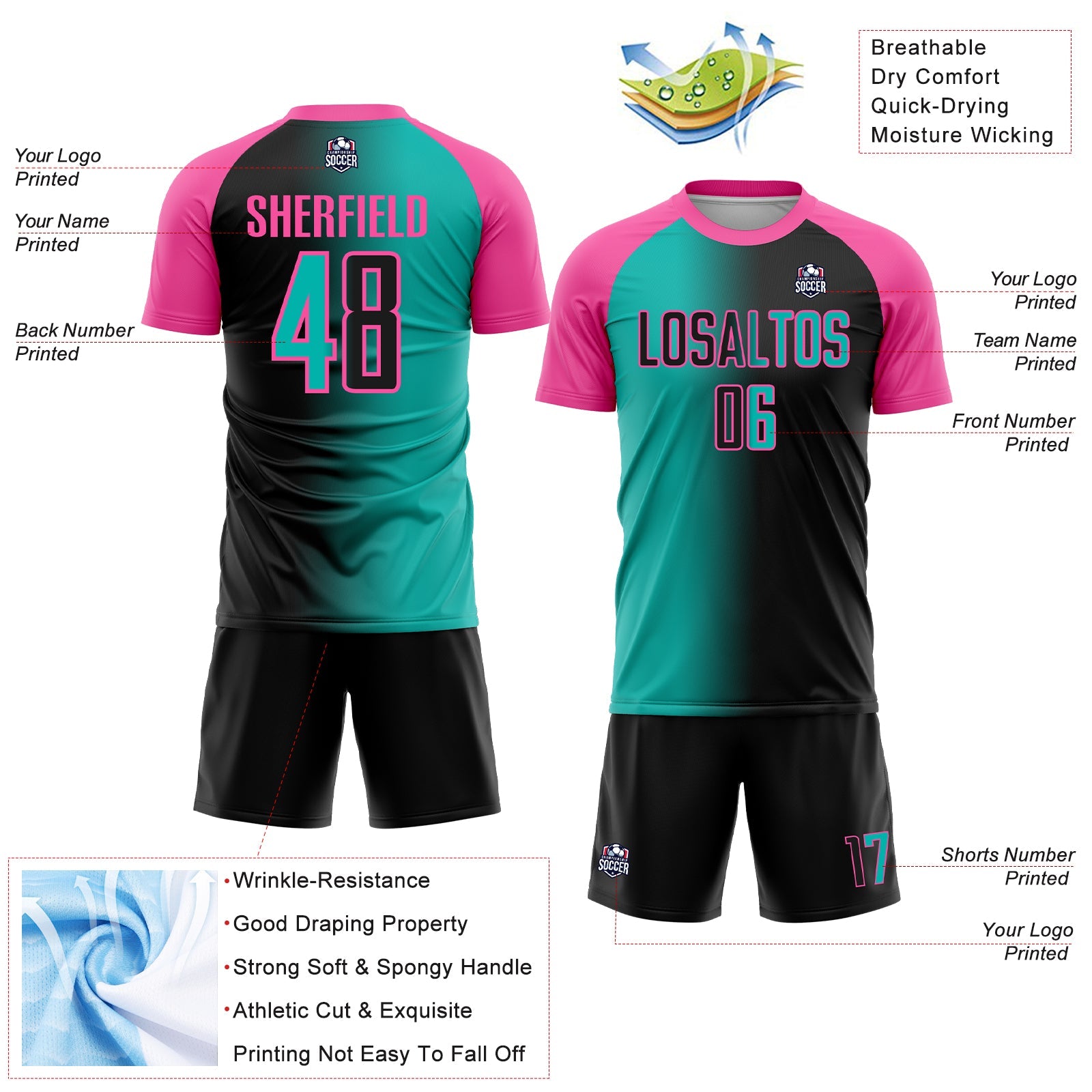 Custom Black Aqua-Pink Sublimation Gradient Fashion Soccer Uniform Jersey view 4