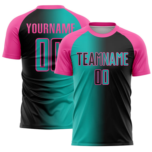 Custom Black Aqua-Pink Sublimation Gradient Fashion Soccer Uniform Jersey - Main View