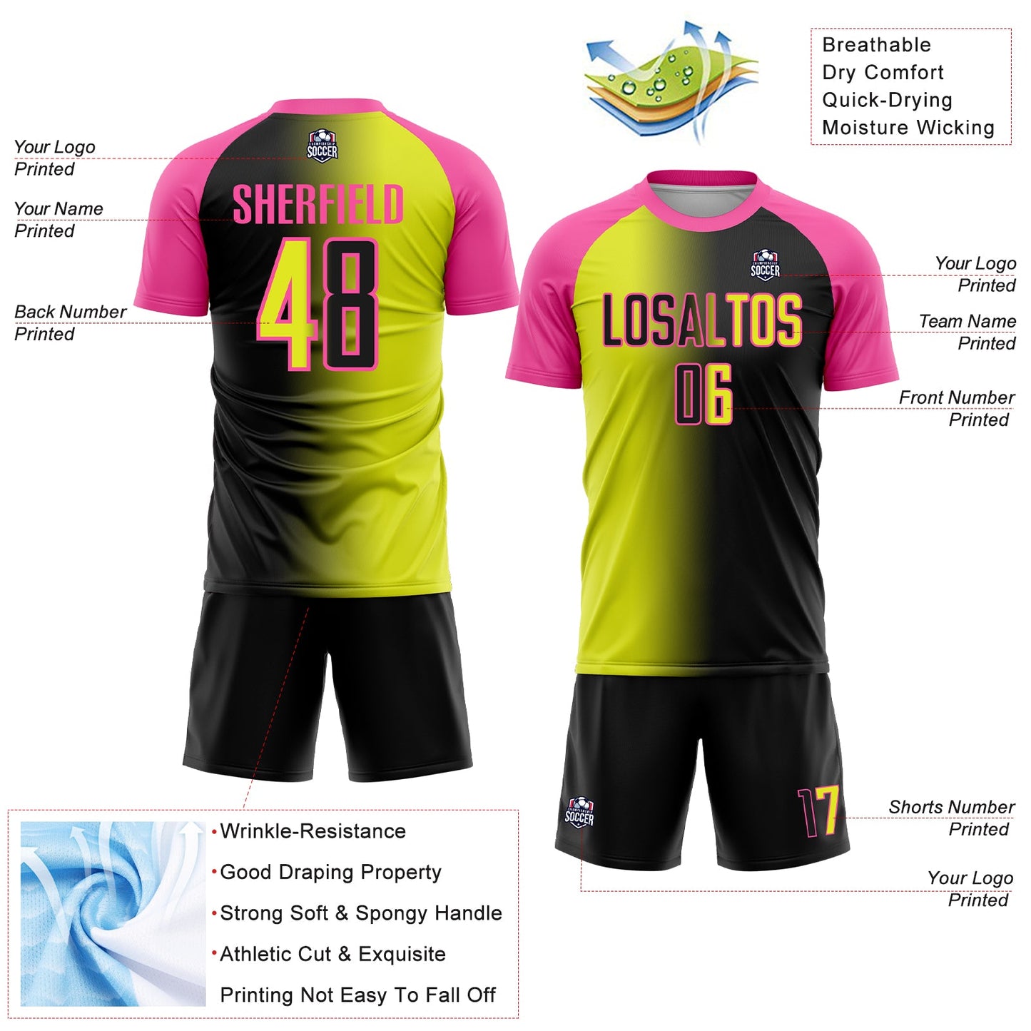 Custom Black Neon Yellow-Pink Sublimation Gradient Fashion Soccer Uniform Jersey view 4