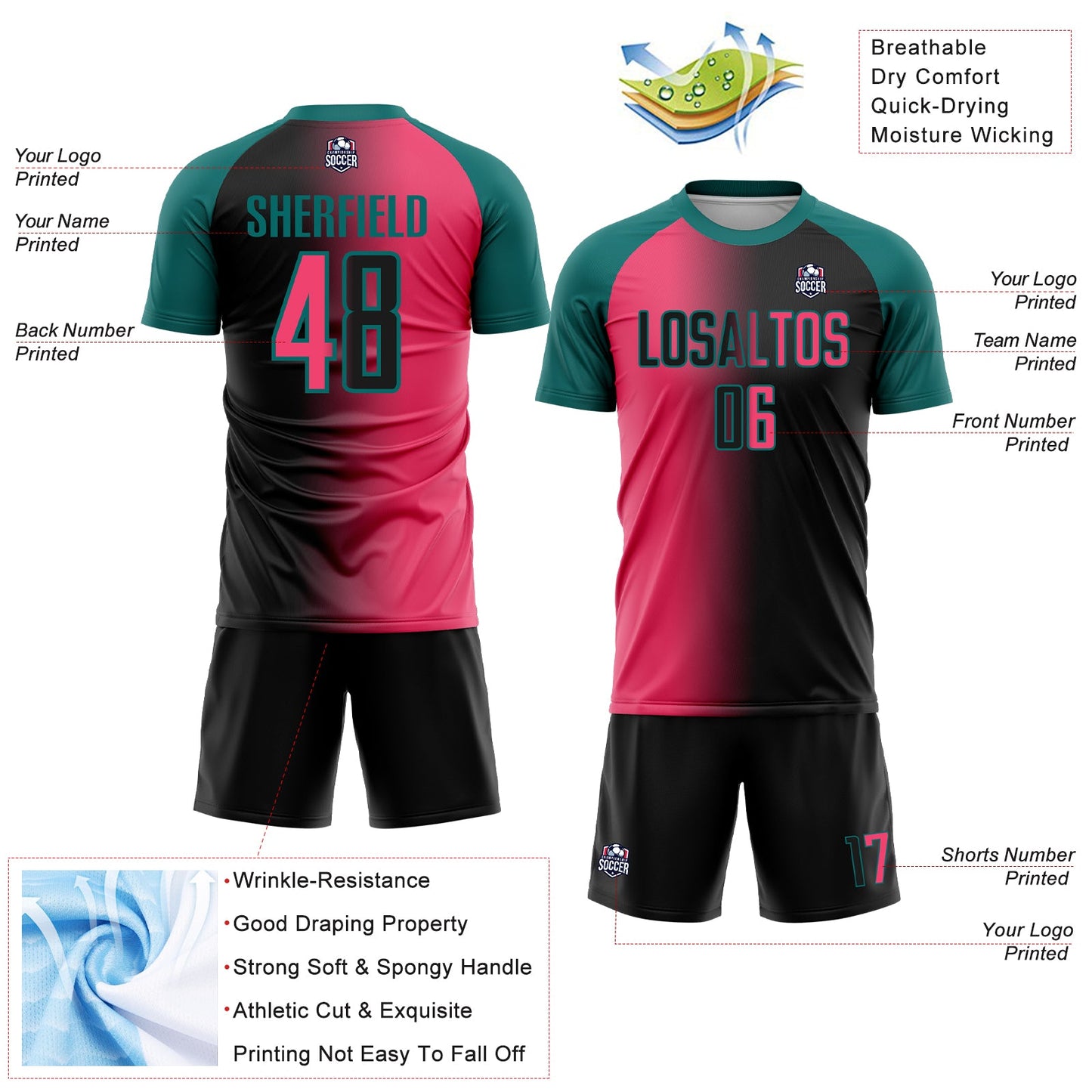 Custom Black Neon Pink-Teal Sublimation Gradient Fashion Soccer Uniform Jersey view 4
