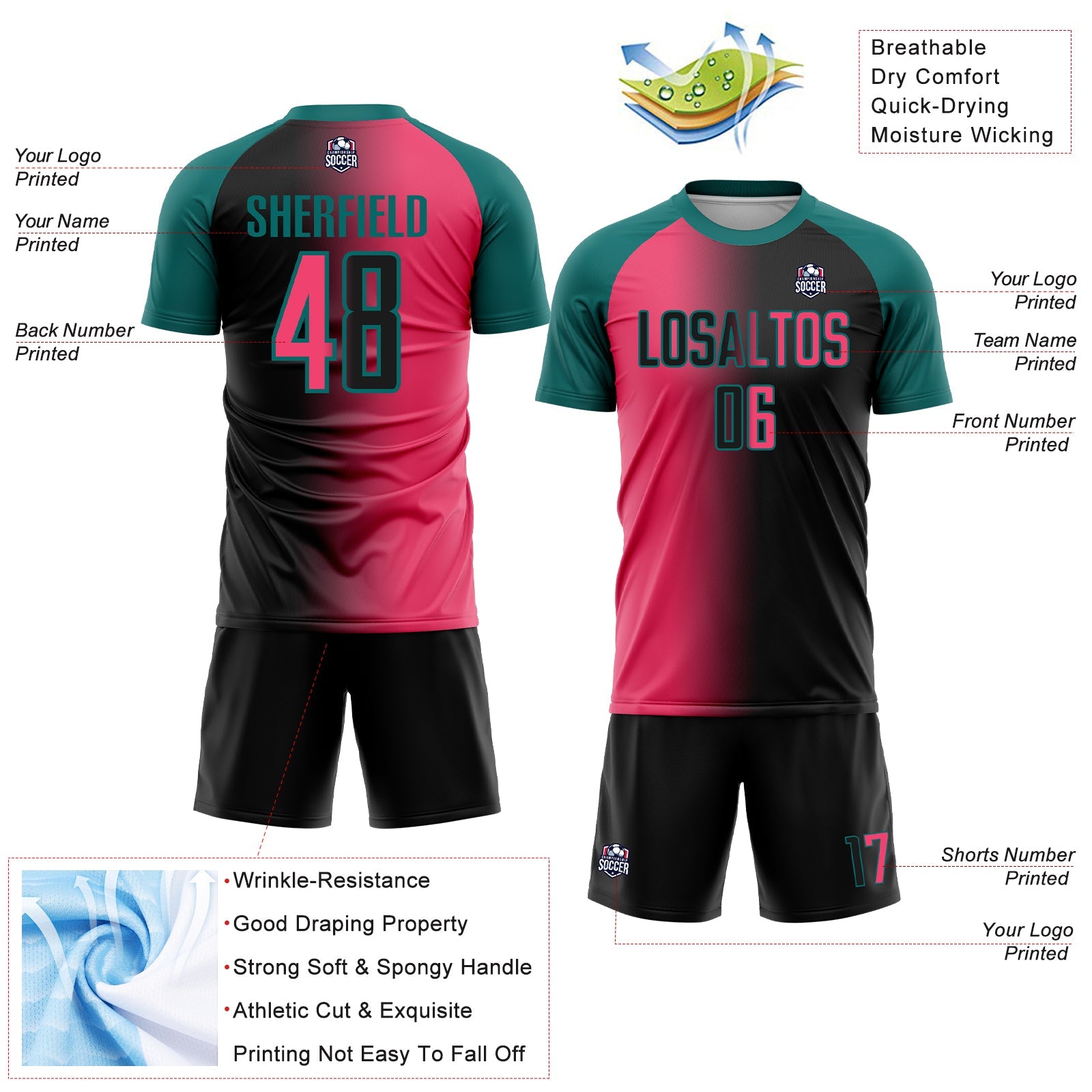 Custom Black Neon Pink-Teal Sublimation Gradient Fashion Soccer Uniform Jersey view 4